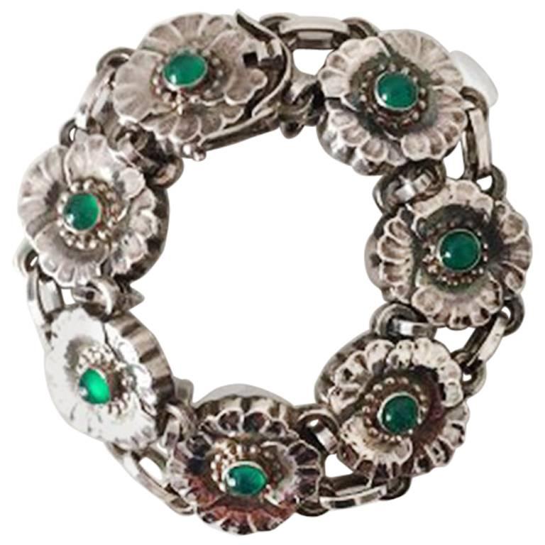 Georg Jensen Sterling Silver Bracelet with Green Stones No 36 For Sale
