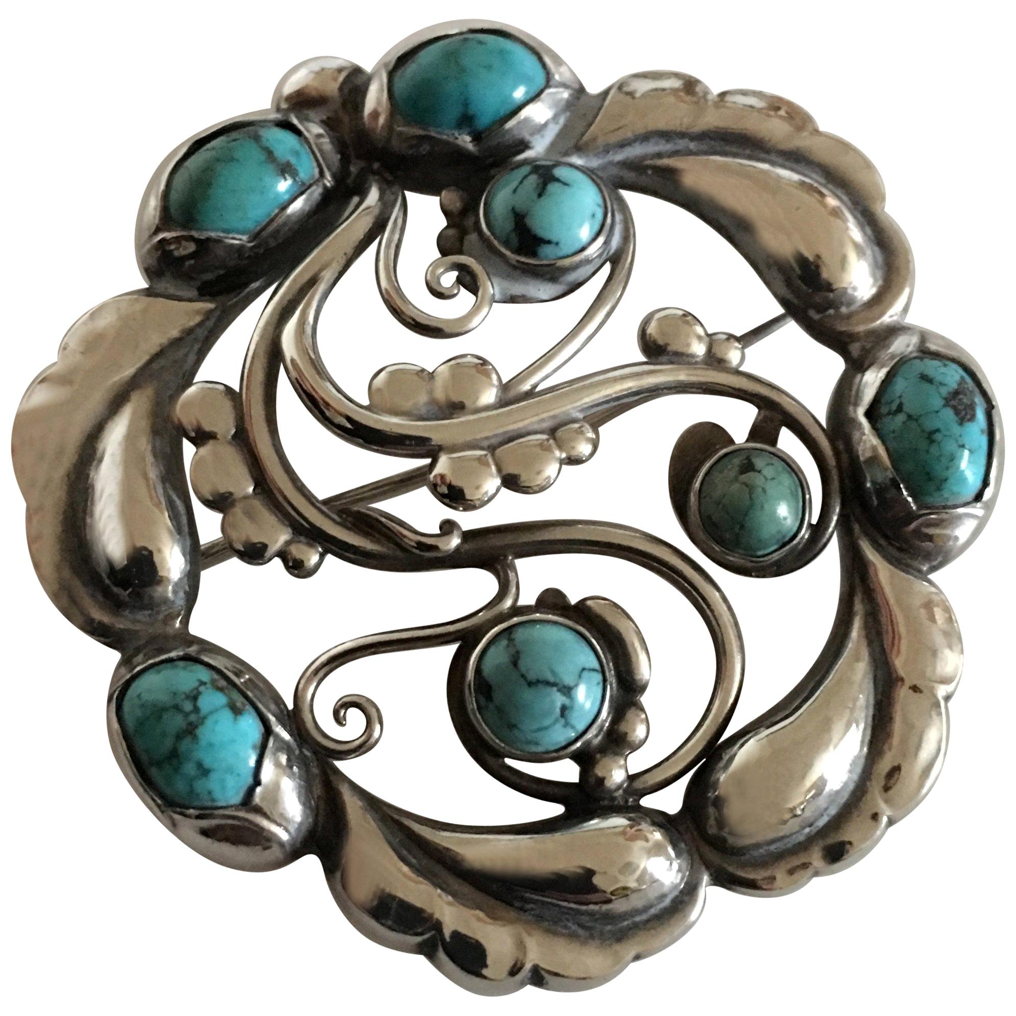 Georg Jensen Sterling Silver Brooch No. 159 Ornamented with Turquoise