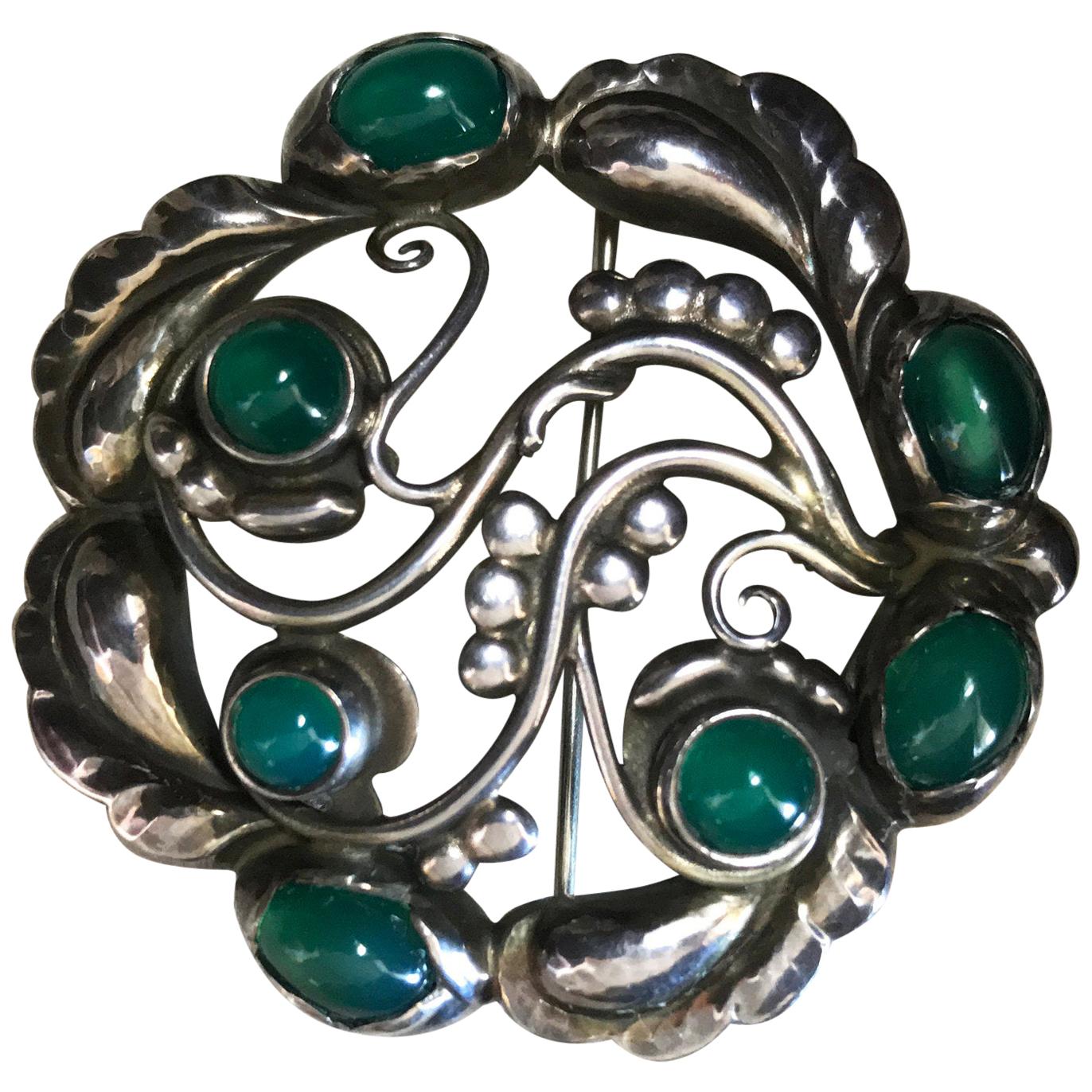 Georg Jensen Sterling Silver Brooch with Chrysoprase No. 159 For Sale