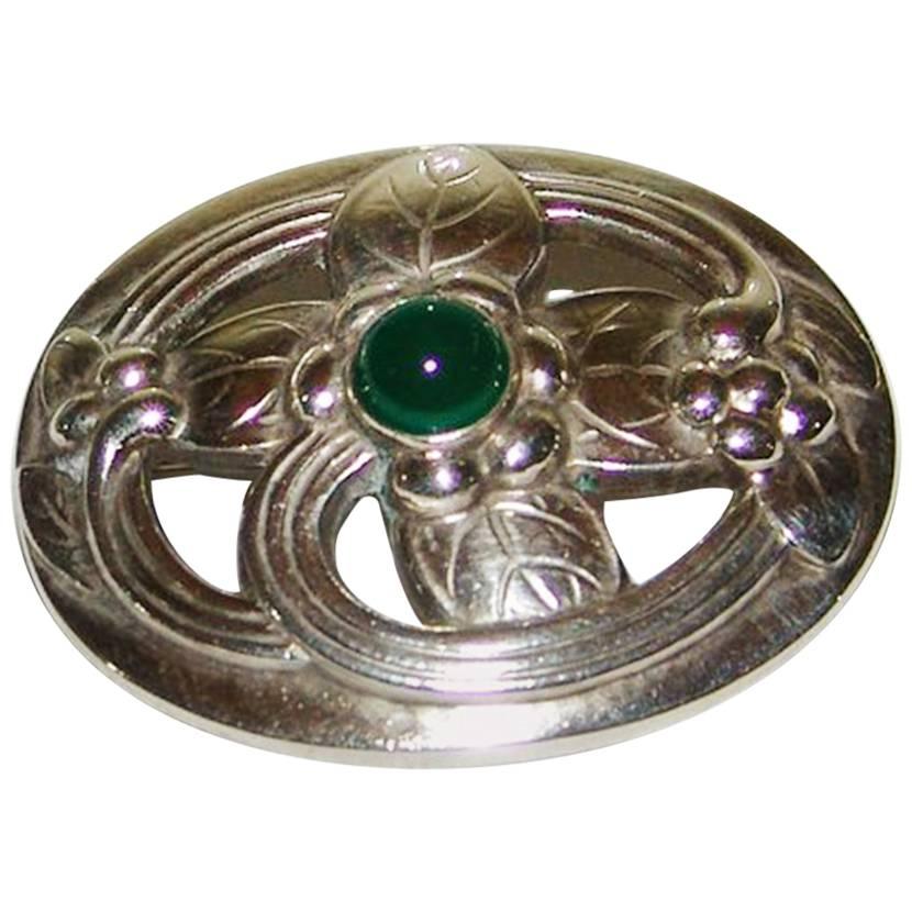Georg Jensen Sterling Silver Brooch with Green Stone #138 For Sale
