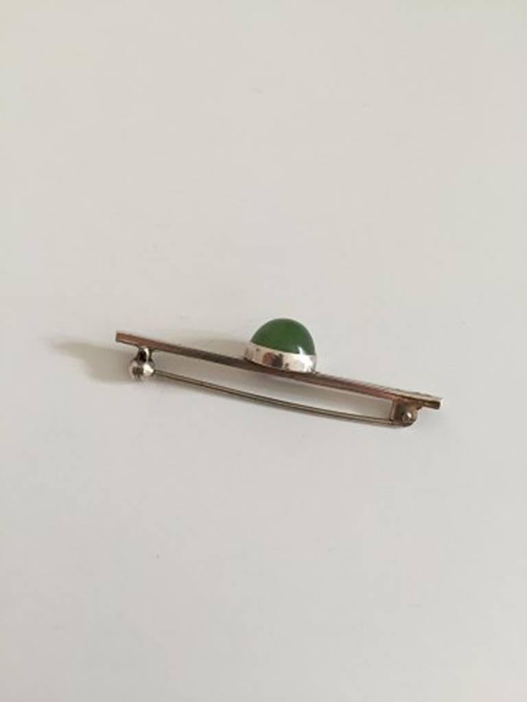Modern Georg Jensen Sterling Silver Brooch with Green Stone For Sale