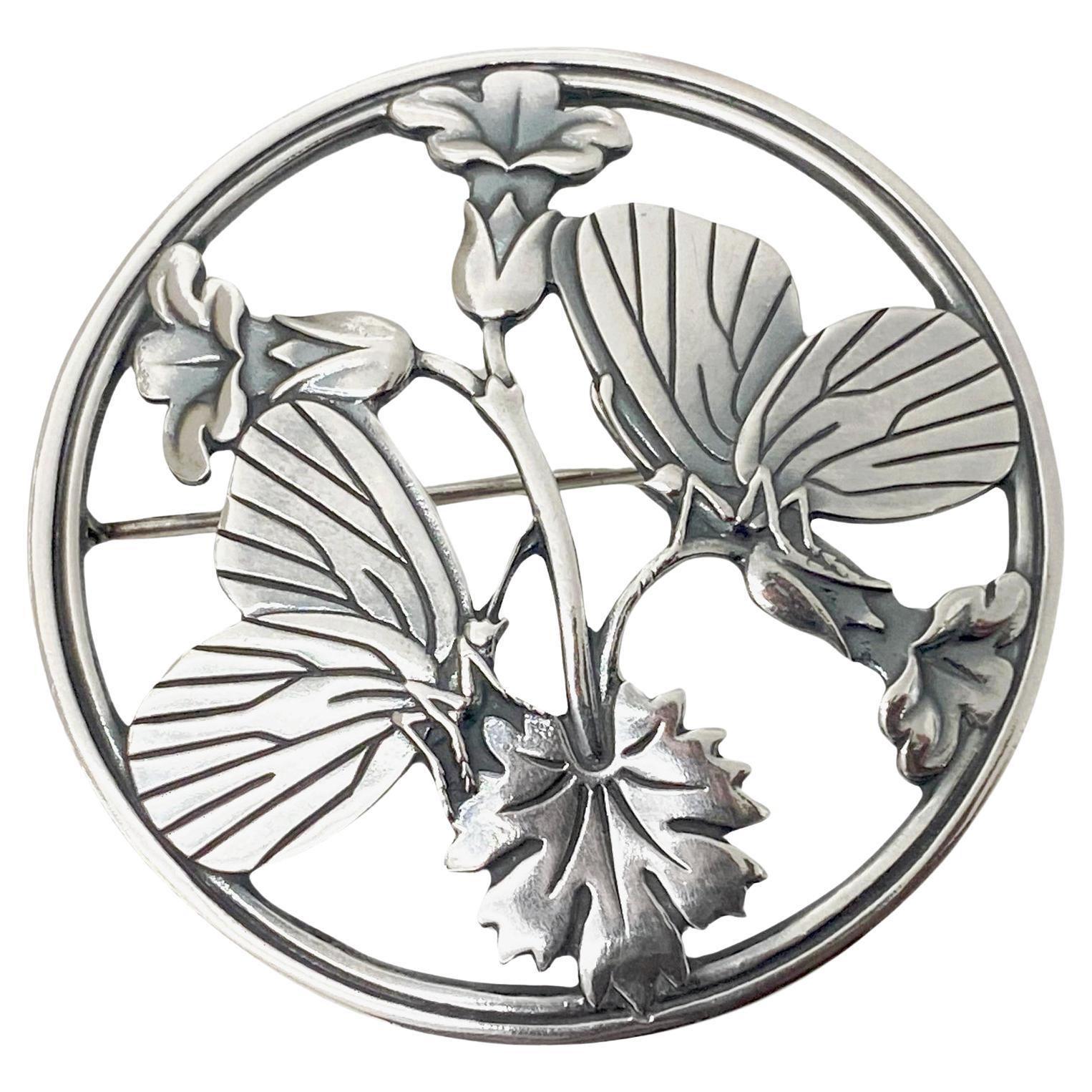 Georg Jensen Sterling Silver Butterfly and stylized Flowers Brooch C.1940 For Sale