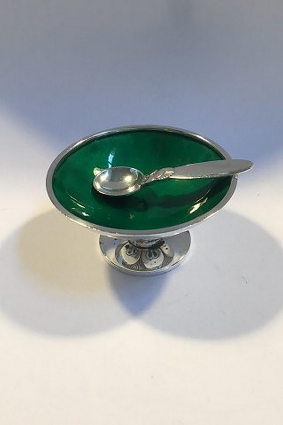 Georg Jensen sterling silver cactus salt cellar (Green enamel) no. 629 A and salt spoon diameter 6 cm/2.36