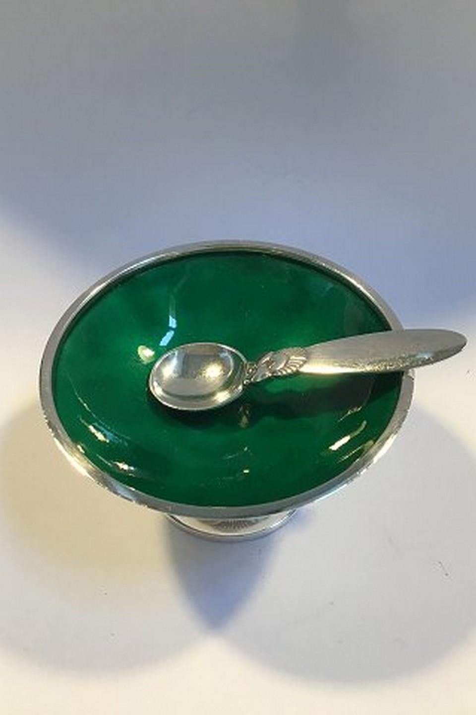 Art Deco Georg Jensen Sterling Silver Cactus Salt Cellar 'Green Enamel' No. 629 A For Sale