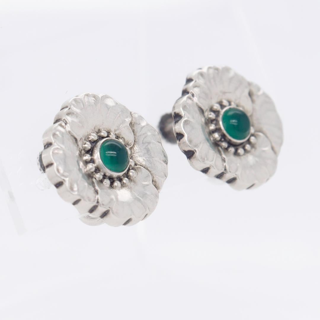 Georg Jensen Sterling Silver & Chrysoprase Floral Screw-Back Earrings No. 49 In Good Condition In Philadelphia, PA