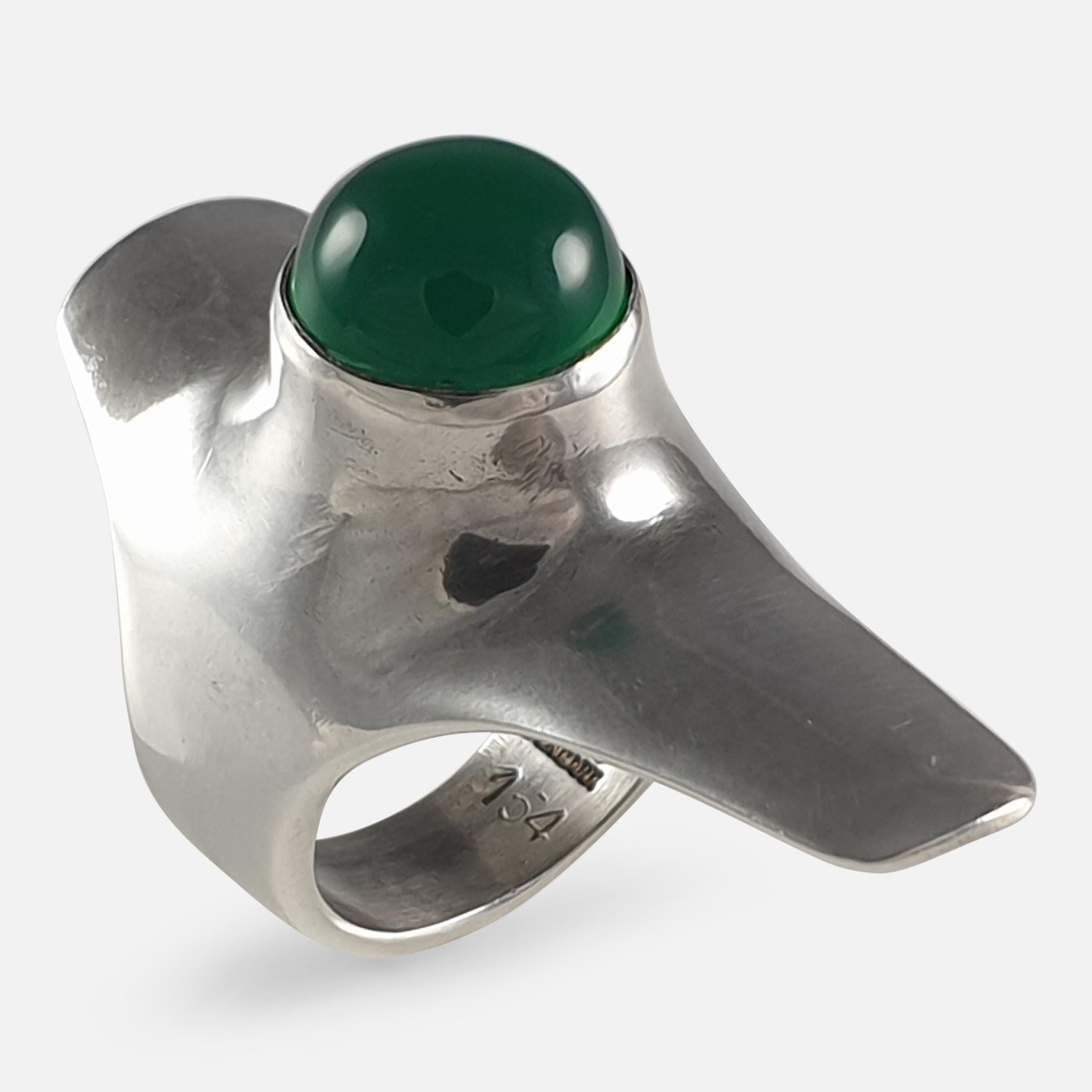 Georg Jensen Sterling Silver Chrysoprase Ring, #154, by Henning Koppel 3