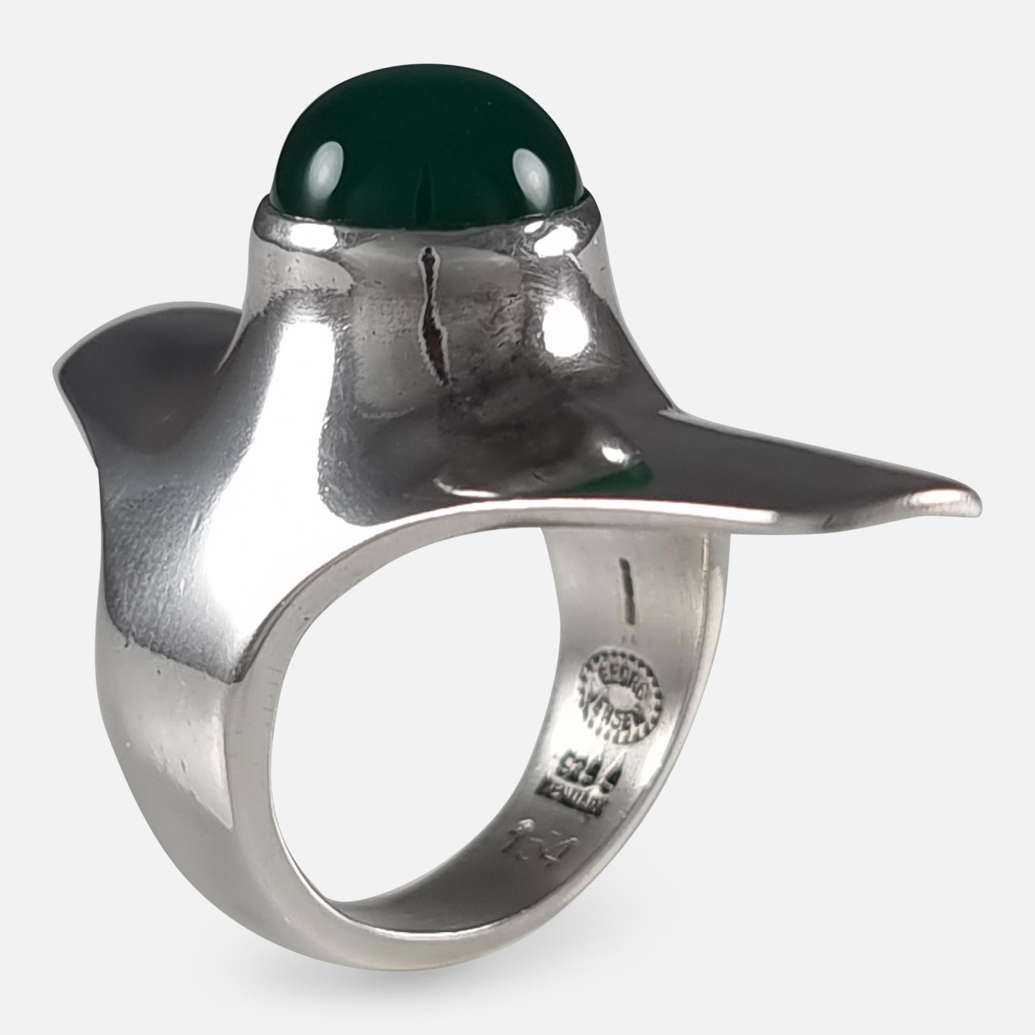 Women's or Men's Georg Jensen Sterling Silver Chrysoprase Ring #154, by Henning Koppel For Sale