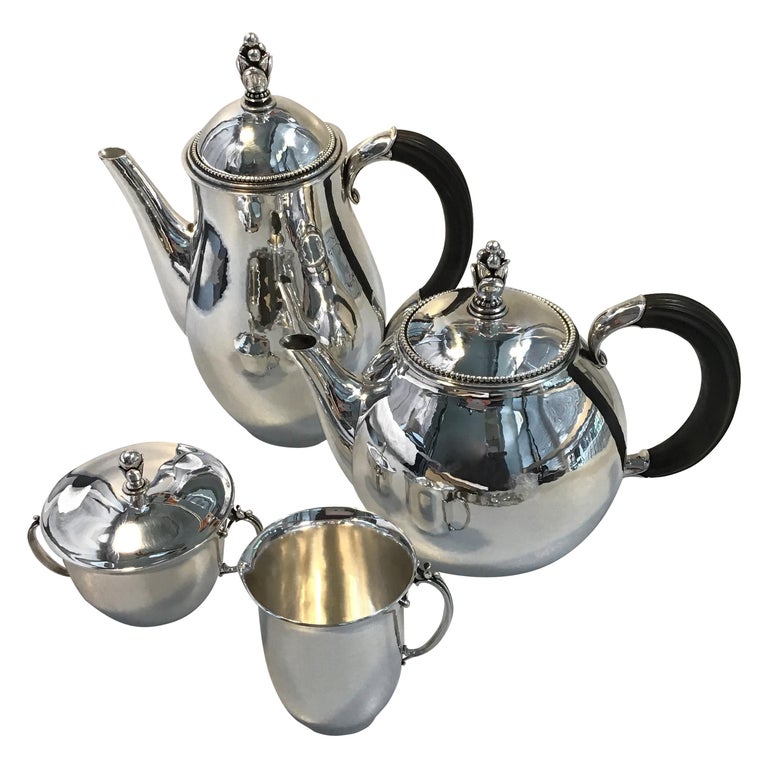 Georg Jensen Sterling Silver Coffee Pot, Tea Pot Creamer and Sugar Bowl No 456 For Sale