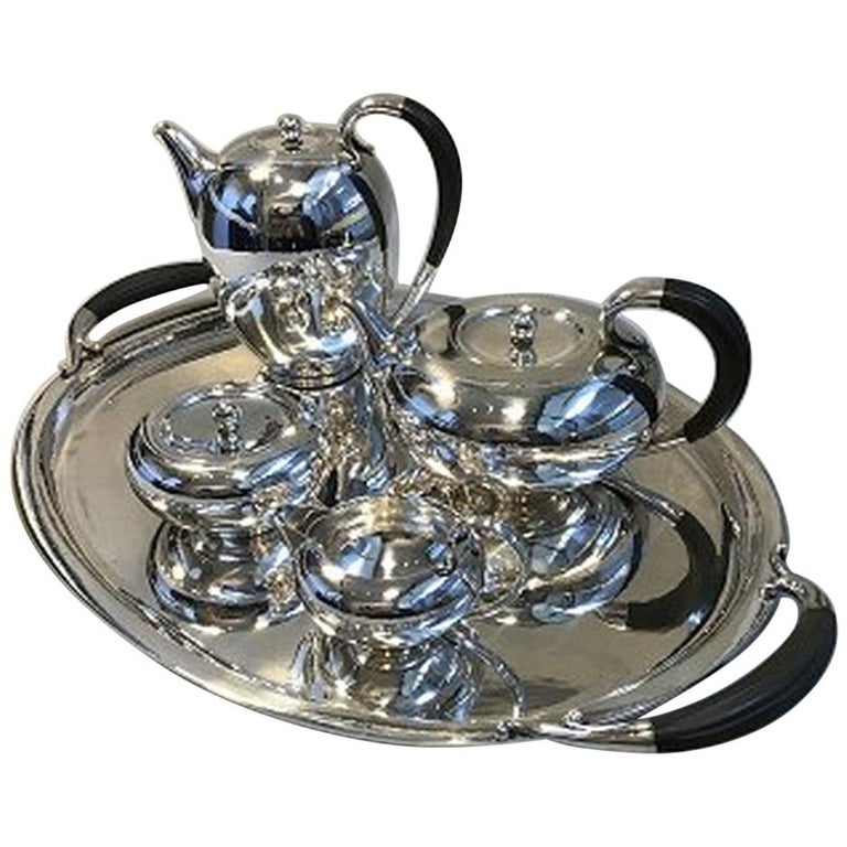Jensen Sterling Silver Coffee Tea Set with Tray No 787 For Sale