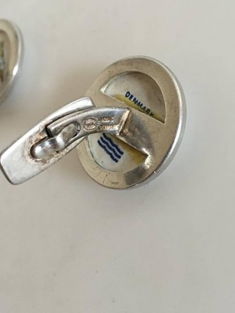 Modern Georg Jensen Sterling Silver Cuff Links with Porcelain Button by Royal Copenhage