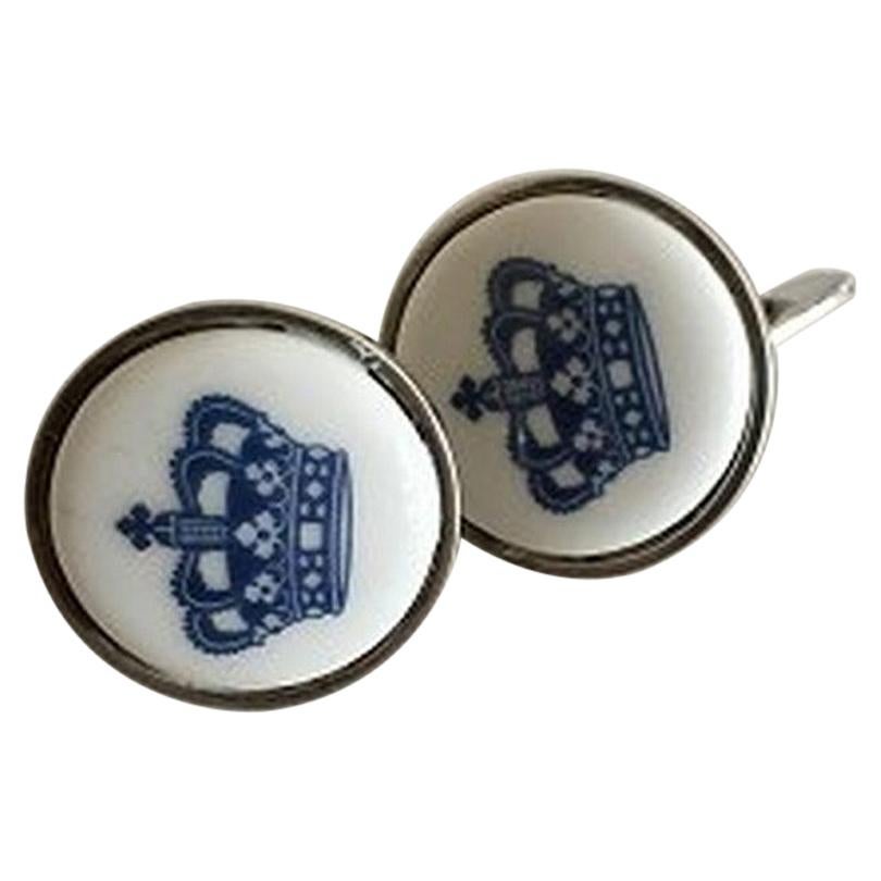 Georg Jensen Sterling Silver Cuff Links with Porcelain Button, Royal Copenhagen
