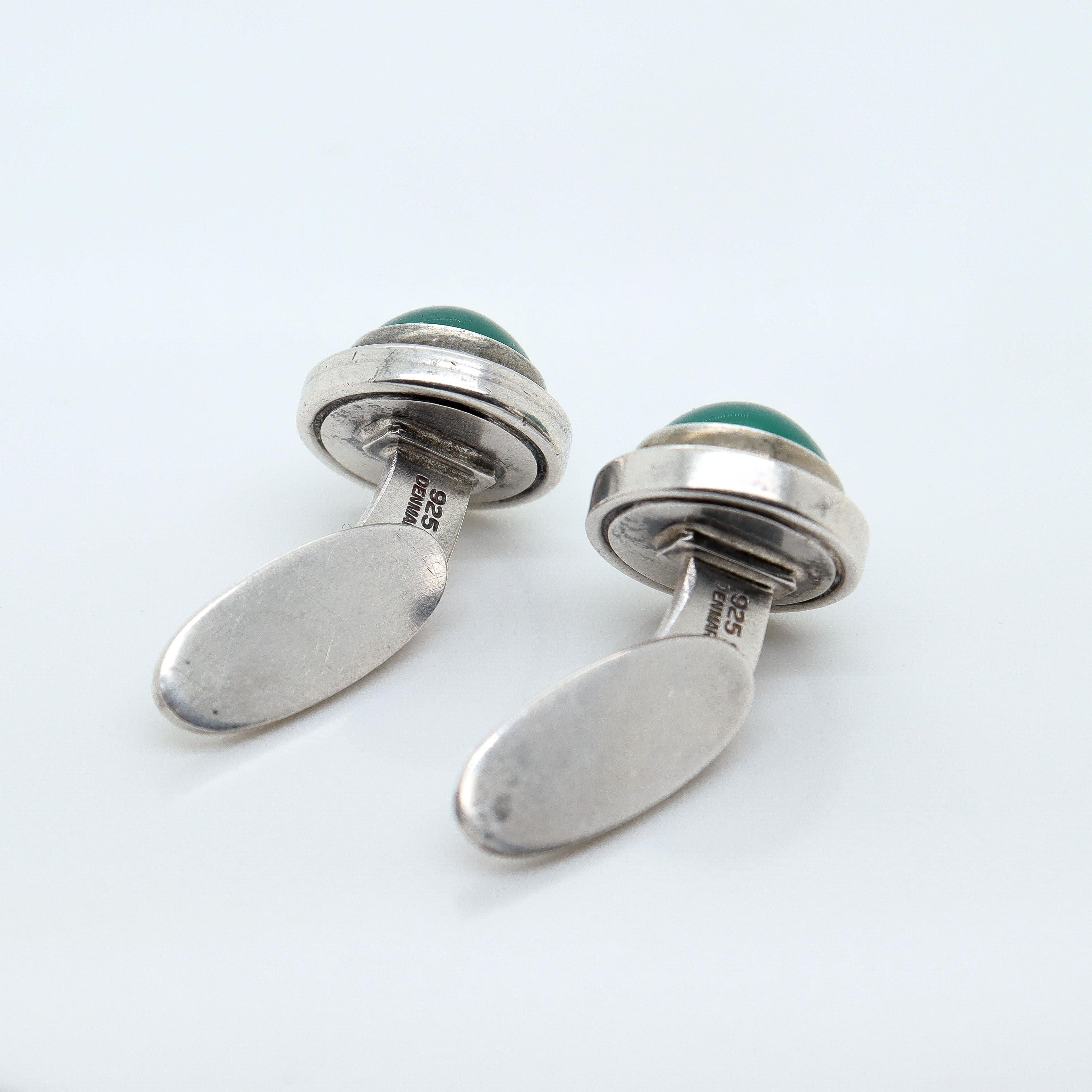 Georg Jensen Sterling Silver Cufflinks Model #44D with Chrysoprase Cabochons For Sale 6