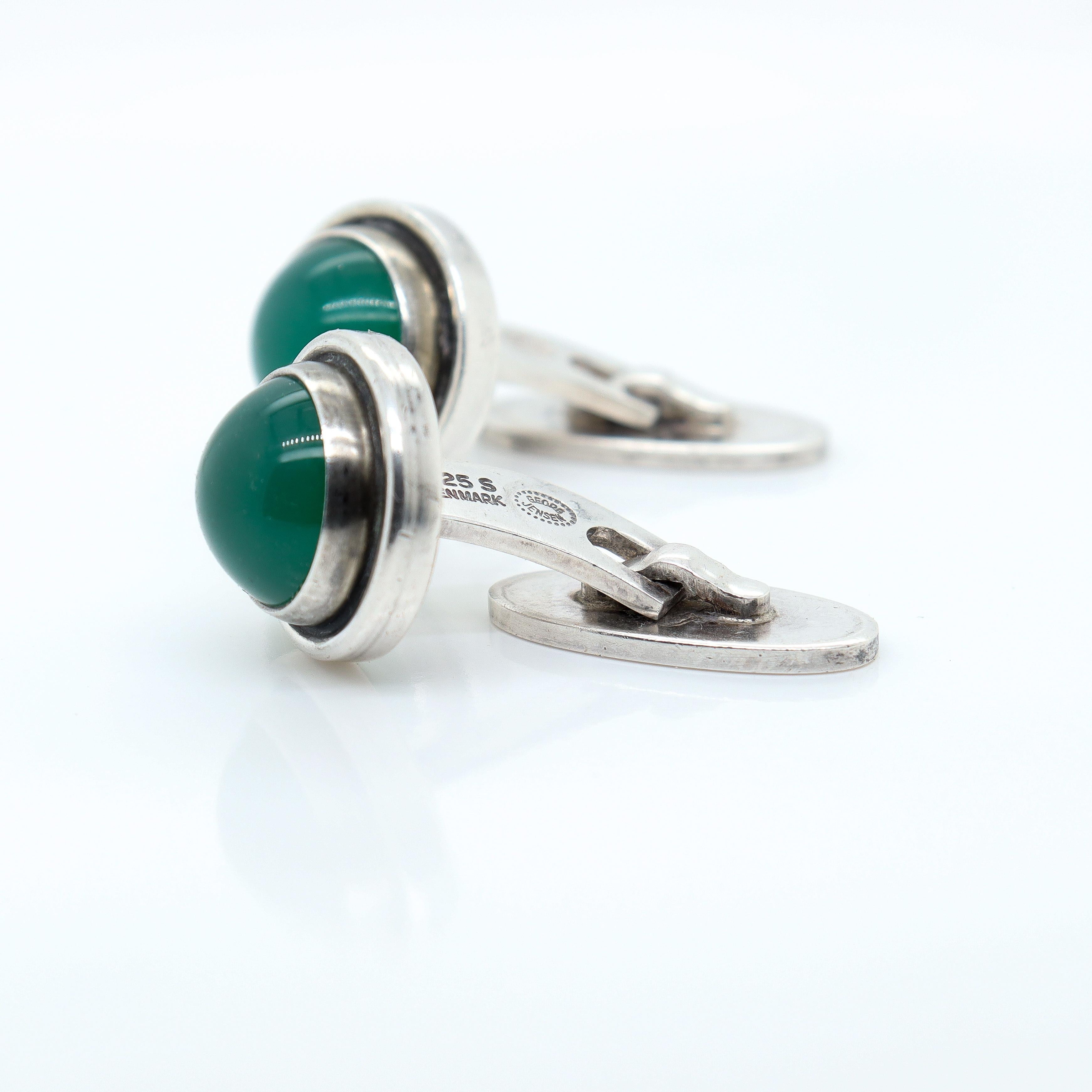 Art Deco Georg Jensen Sterling Silver Cufflinks Model #44D with Chrysoprase Cabochons For Sale