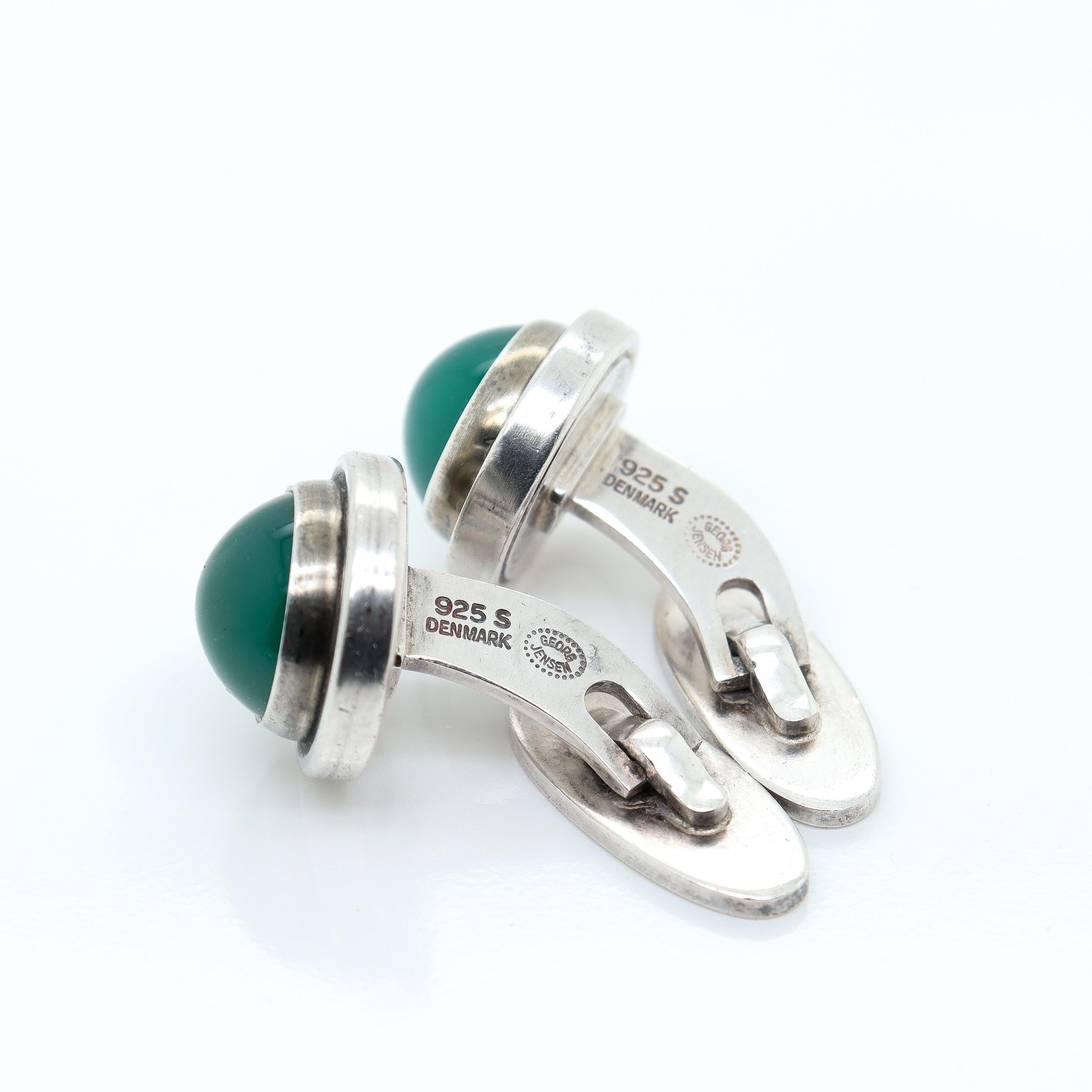 Georg Jensen Sterling Silver Cufflinks Model #44D with Chrysoprase Cabochons In Good Condition For Sale In Philadelphia, PA