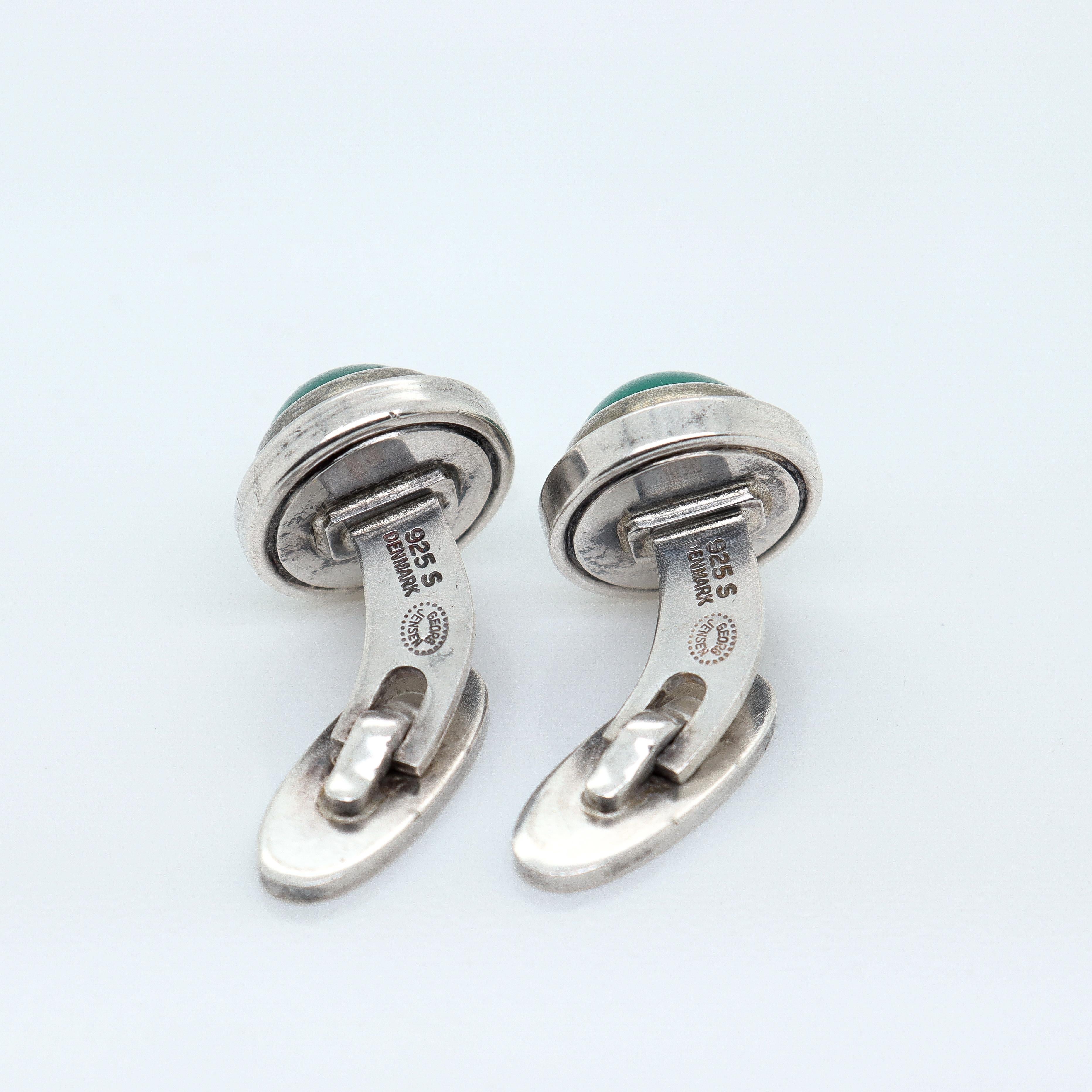 Men's Georg Jensen Sterling Silver Cufflinks Model #44D with Chrysoprase Cabochons For Sale