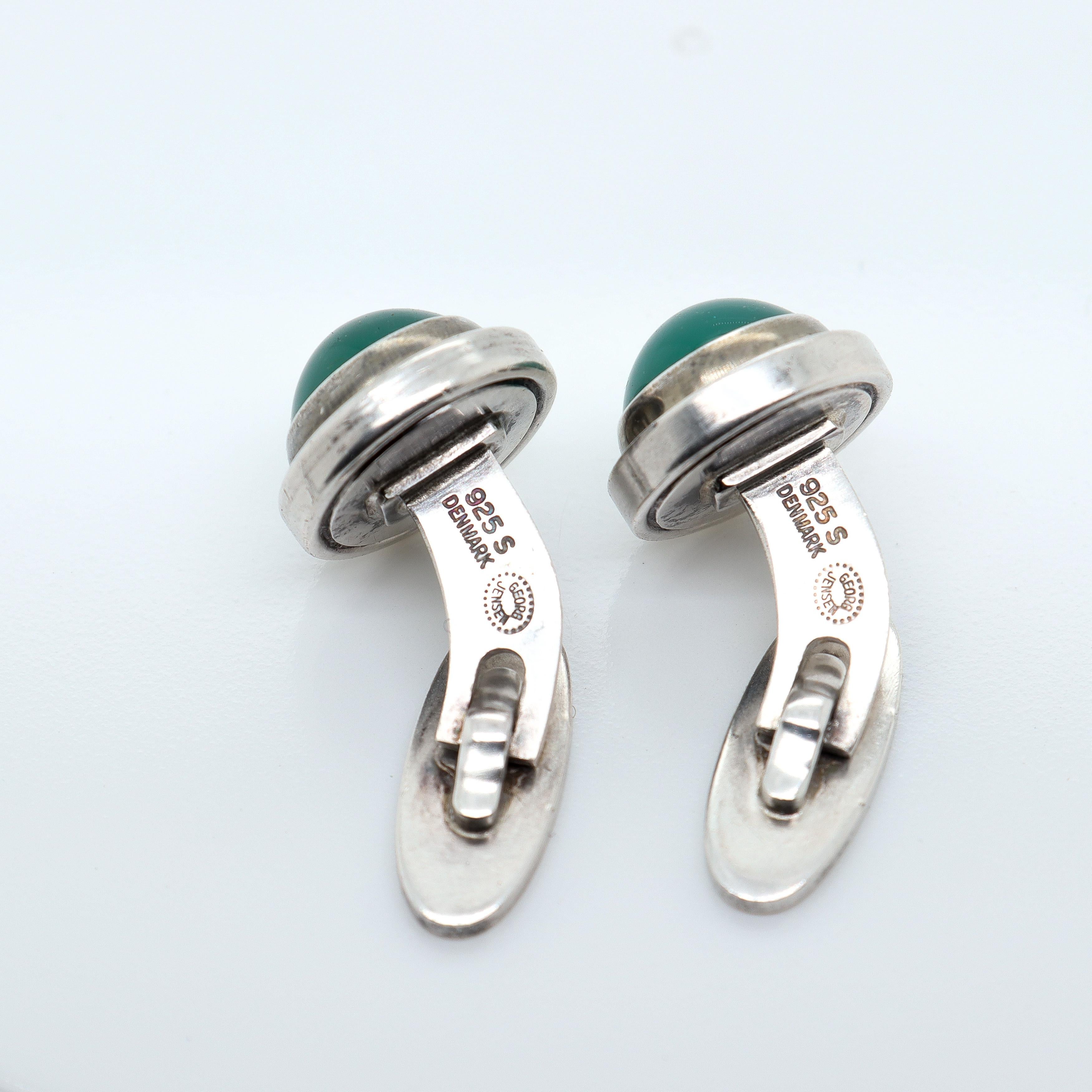 Georg Jensen Sterling Silver Cufflinks Model #44D with Chrysoprase Cabochons For Sale 1
