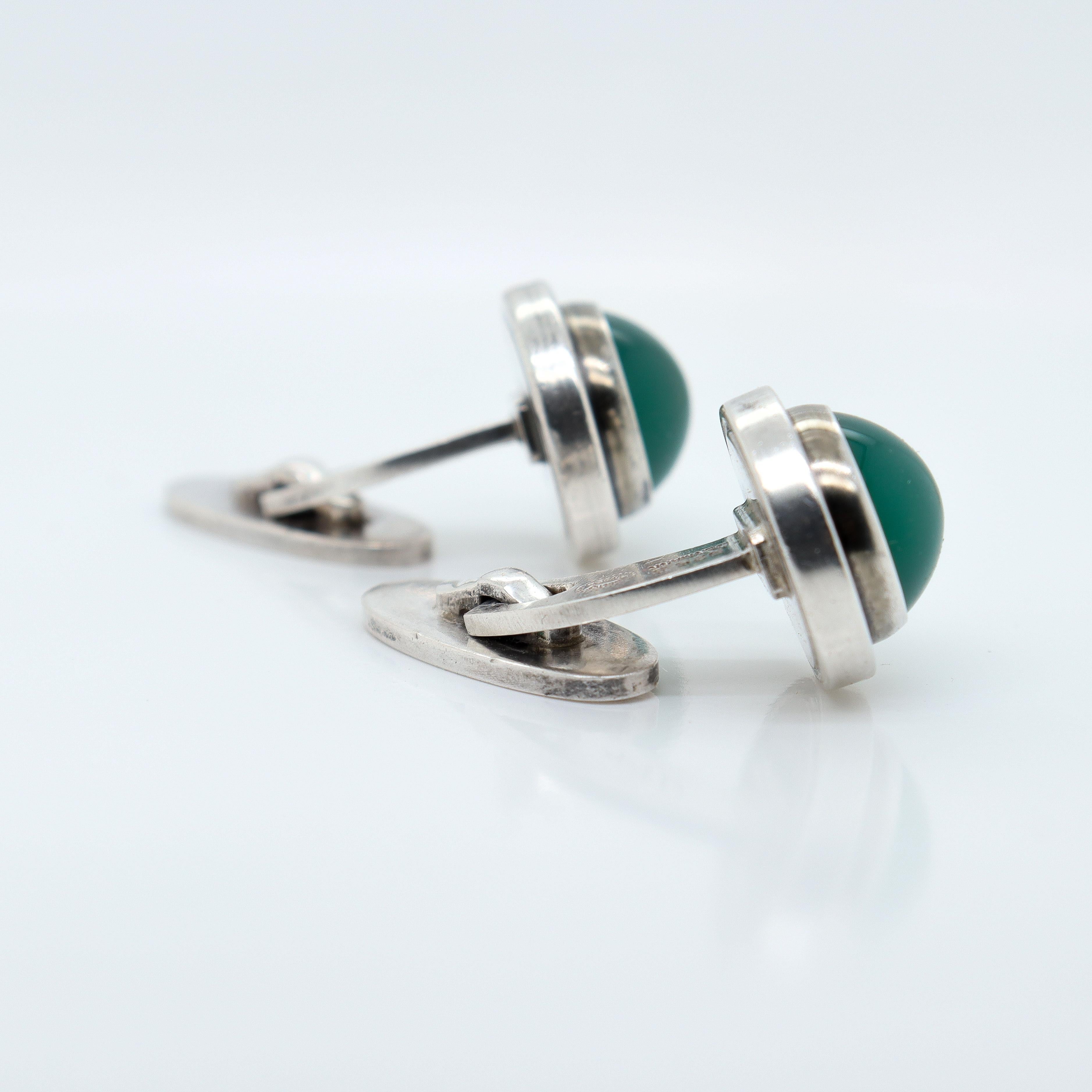 Georg Jensen Sterling Silver Cufflinks Model #44D with Chrysoprase Cabochons For Sale 2