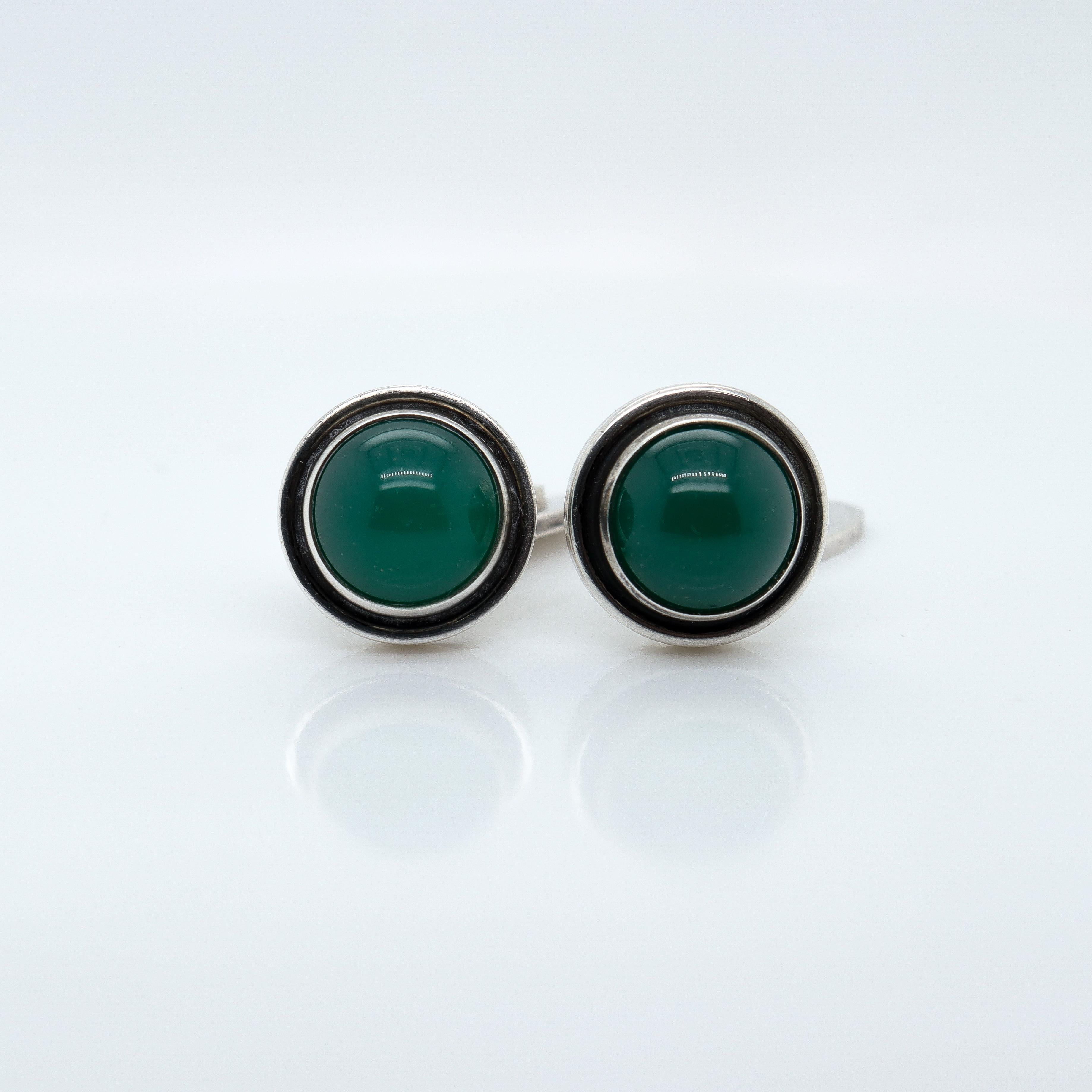 Georg Jensen Sterling Silver Cufflinks Model #44D with Chrysoprase Cabochons For Sale 4