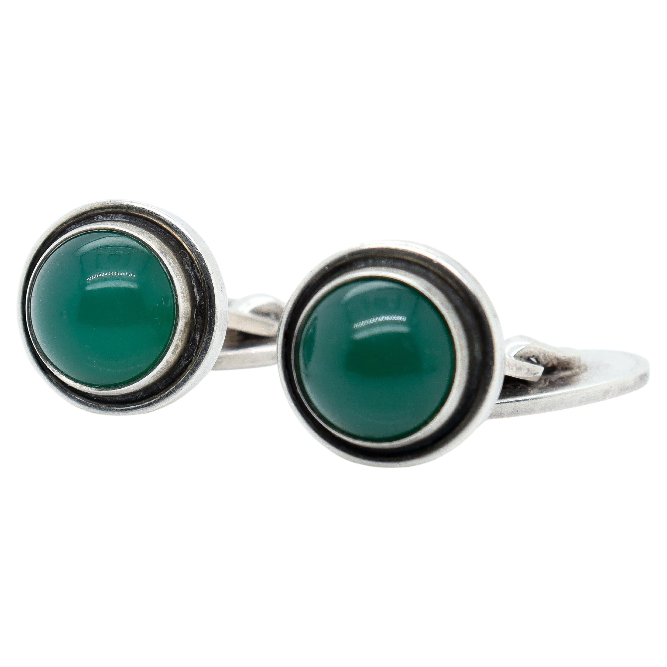 Georg Jensen Sterling Silver Cufflinks Model #44D with Chrysoprase Cabochons For Sale