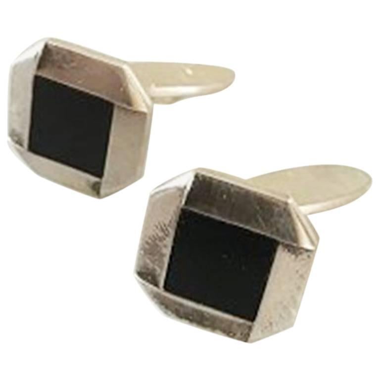 Georg Jensen Sterling Silver Cufflinks with Black Onyx No 202 For Sale
