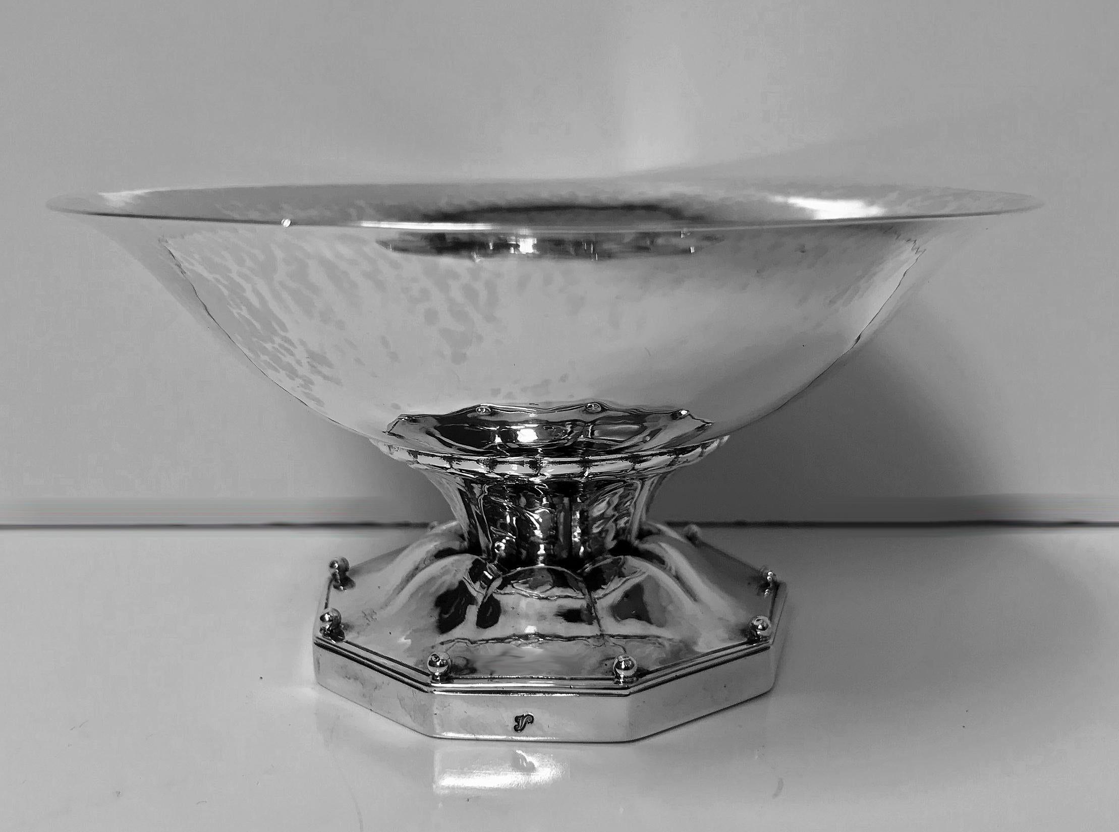 Georg Jensen sterling silver dish 1926-1932, design No 181A. Octagonal shape, handwrought, hammered. Full Georg Jensen marks, 1926-1932 mark with crown to underside and George Jensen Sterling 181A and Dutch tax mark early 20th century. Illustrated