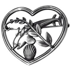 Retro Georg Jensen Sterling Silver Dolphin Heart Brooch, circa 1930