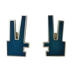 Georg Jensen Sterling Silver Ear Clips with Blue Enamel No 132