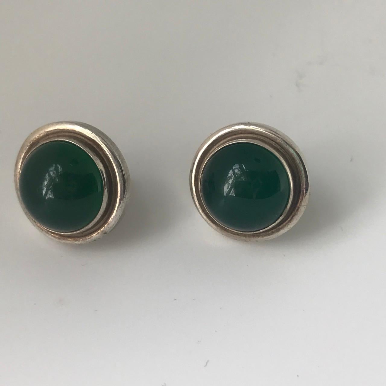 Georg Jensen Sterling Silver Earrings No.44D with Green Agate In Good Condition For Sale In San Francisco, CA