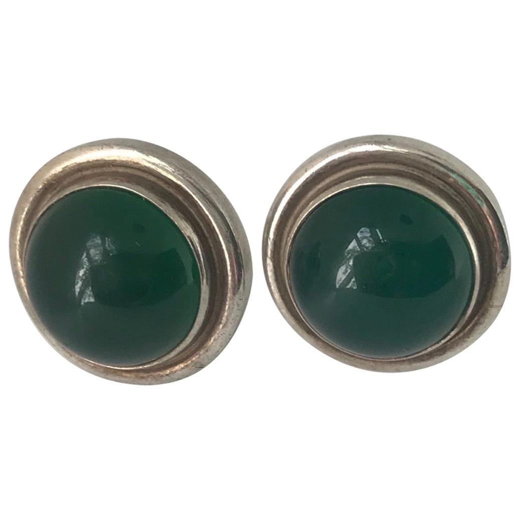 Georg Jensen Sterling Silver Earrings No.44D with Green Agate For Sale