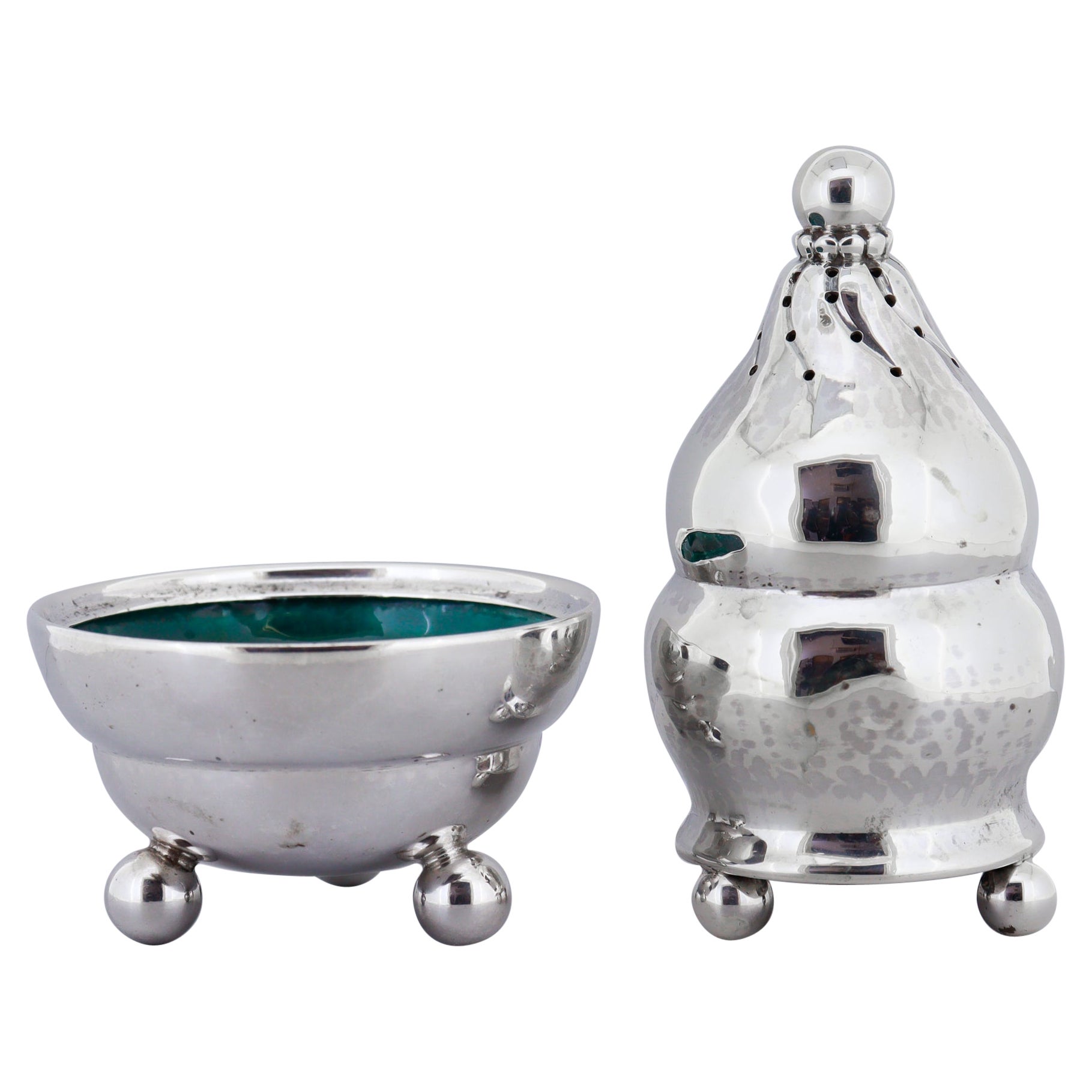 Georg Jensen, argento sterling e smalto, coppia di pepiere e saliere #410