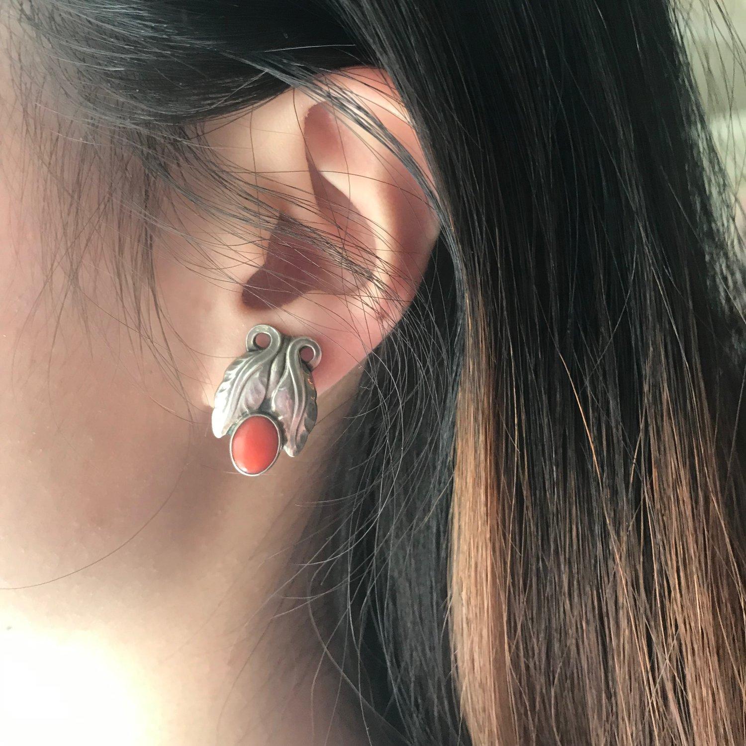 Georg Jensen Sterling Silver Foliate Earrings No. 108 with Coral For Sale 1