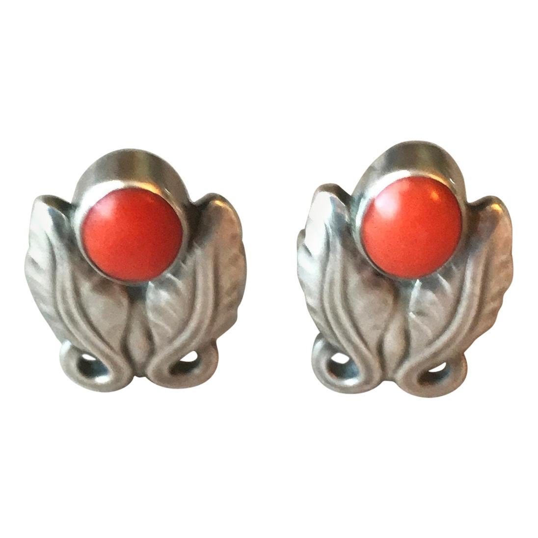Georg Jensen Sterling Silver Foliate Earrings No. 108 with Coral For Sale