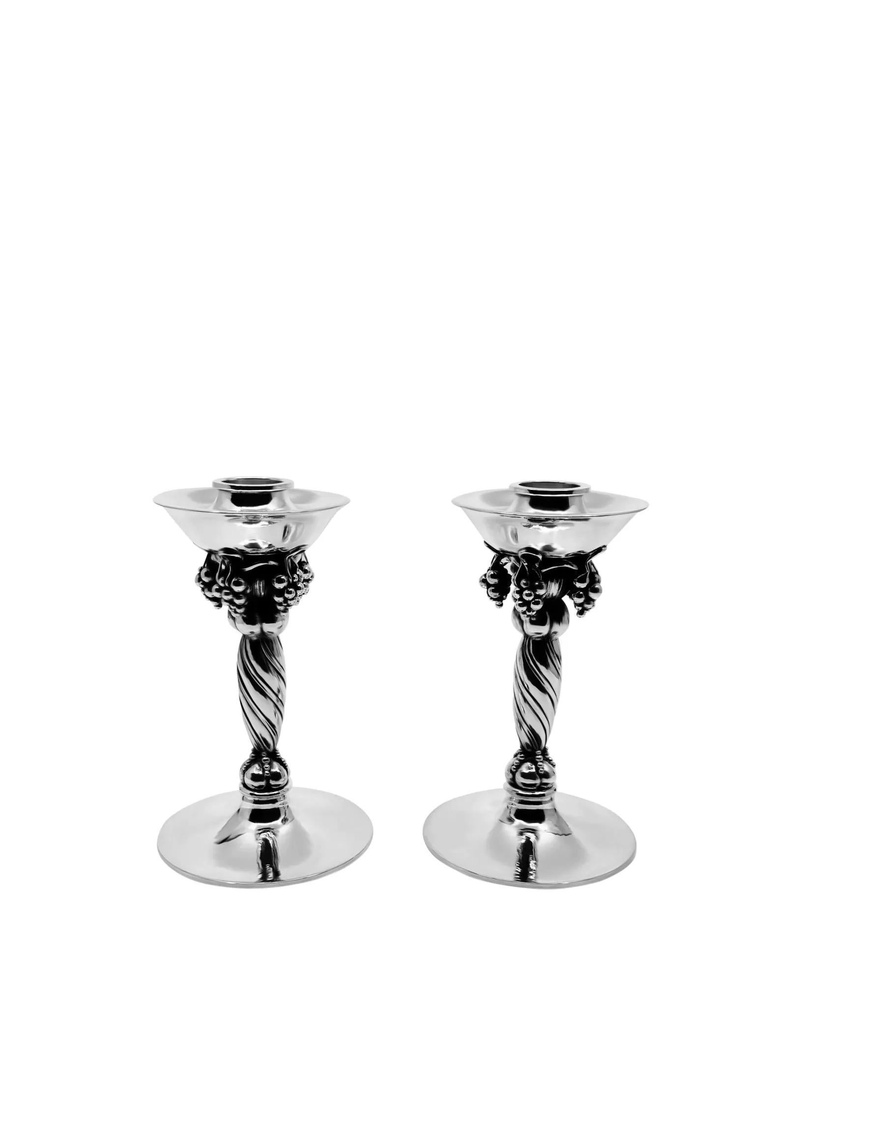 Danish Georg Jensen Sterling Silver Grape Candlesticks 263A For Sale