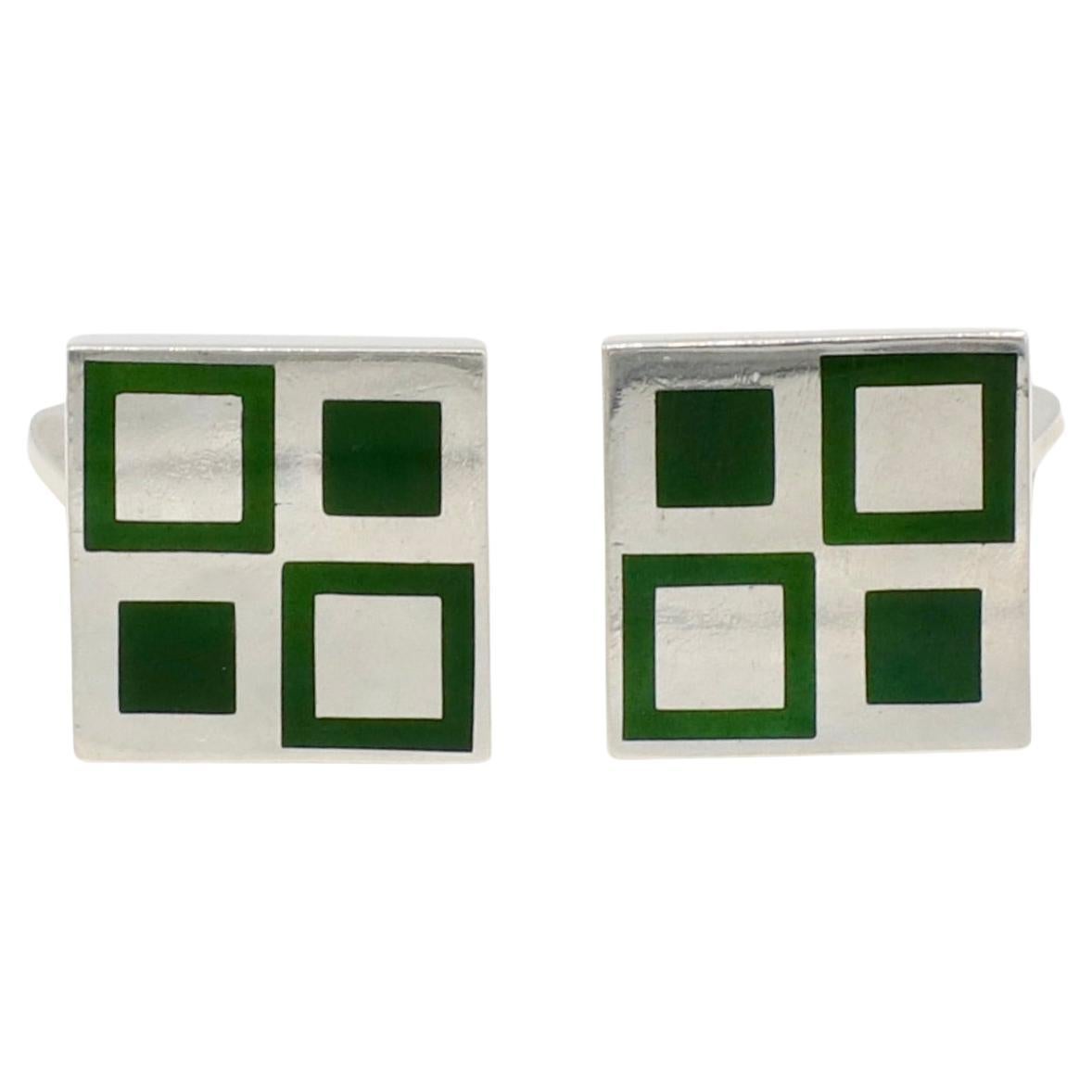 Boutons de manchette carrés en argent sterling Georg Jensen avec pierres vertes  en vente