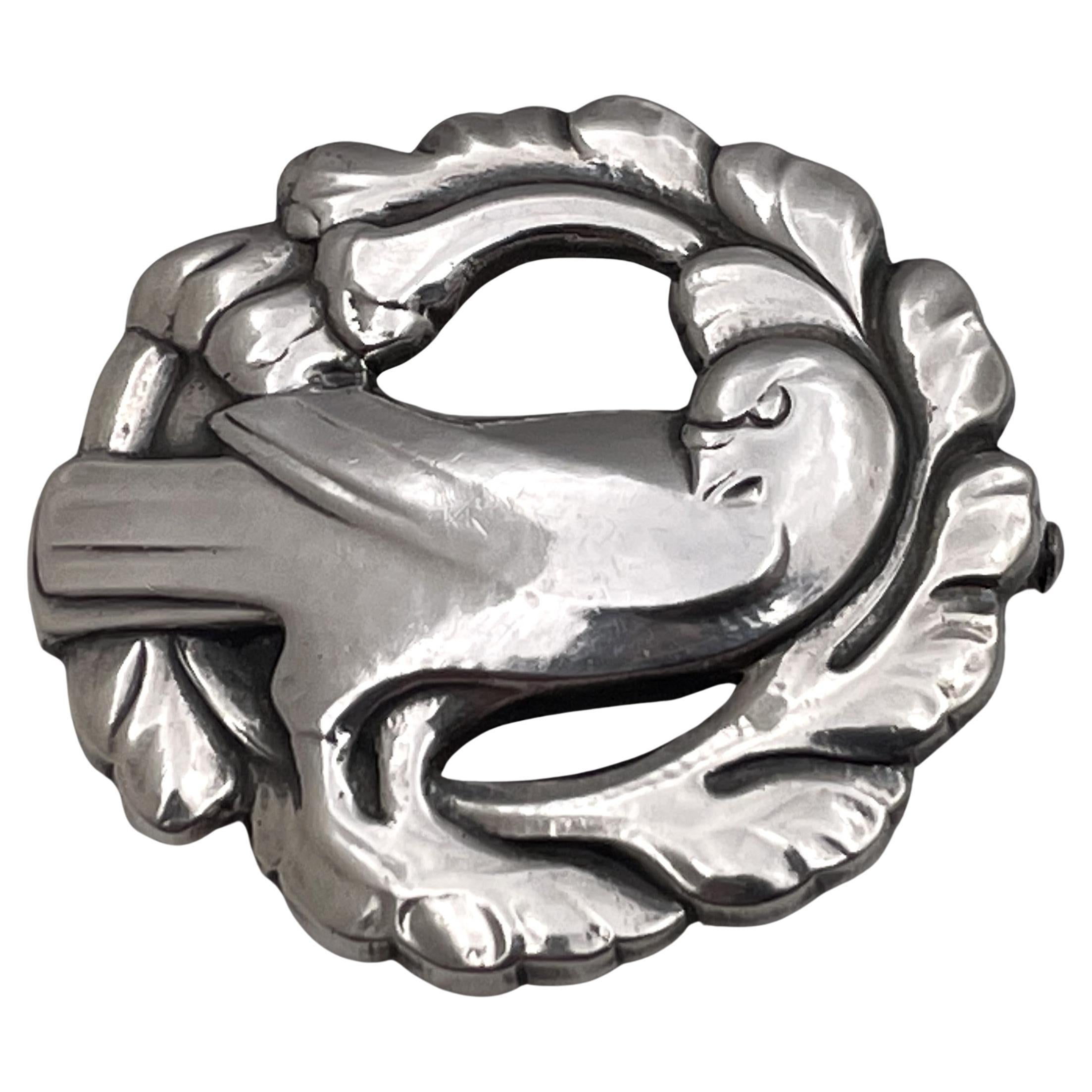Georg Jensen Sterling Silver Hammered Brooch #165 with Bird from 1930s For Sale