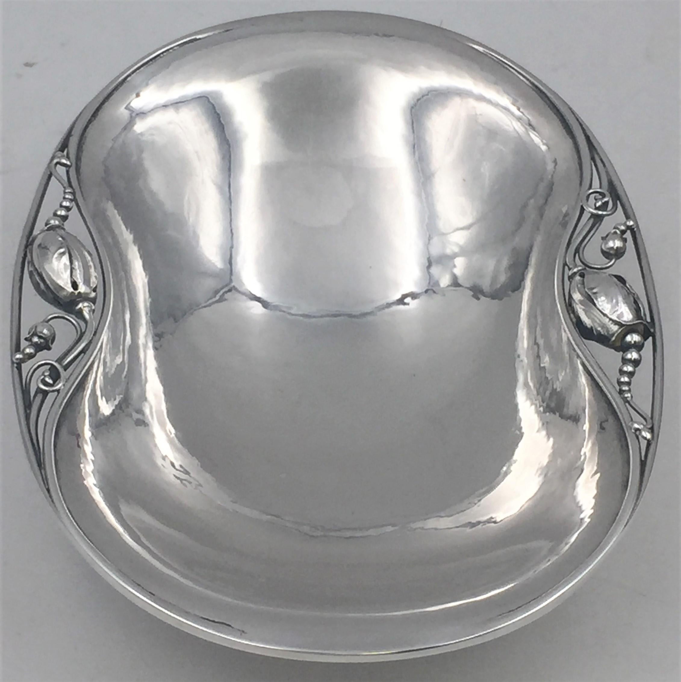 Art Nouveau Georg Jensen Sterling Silver Hand Hammered Condiment Dish in Blossom Pattern 2