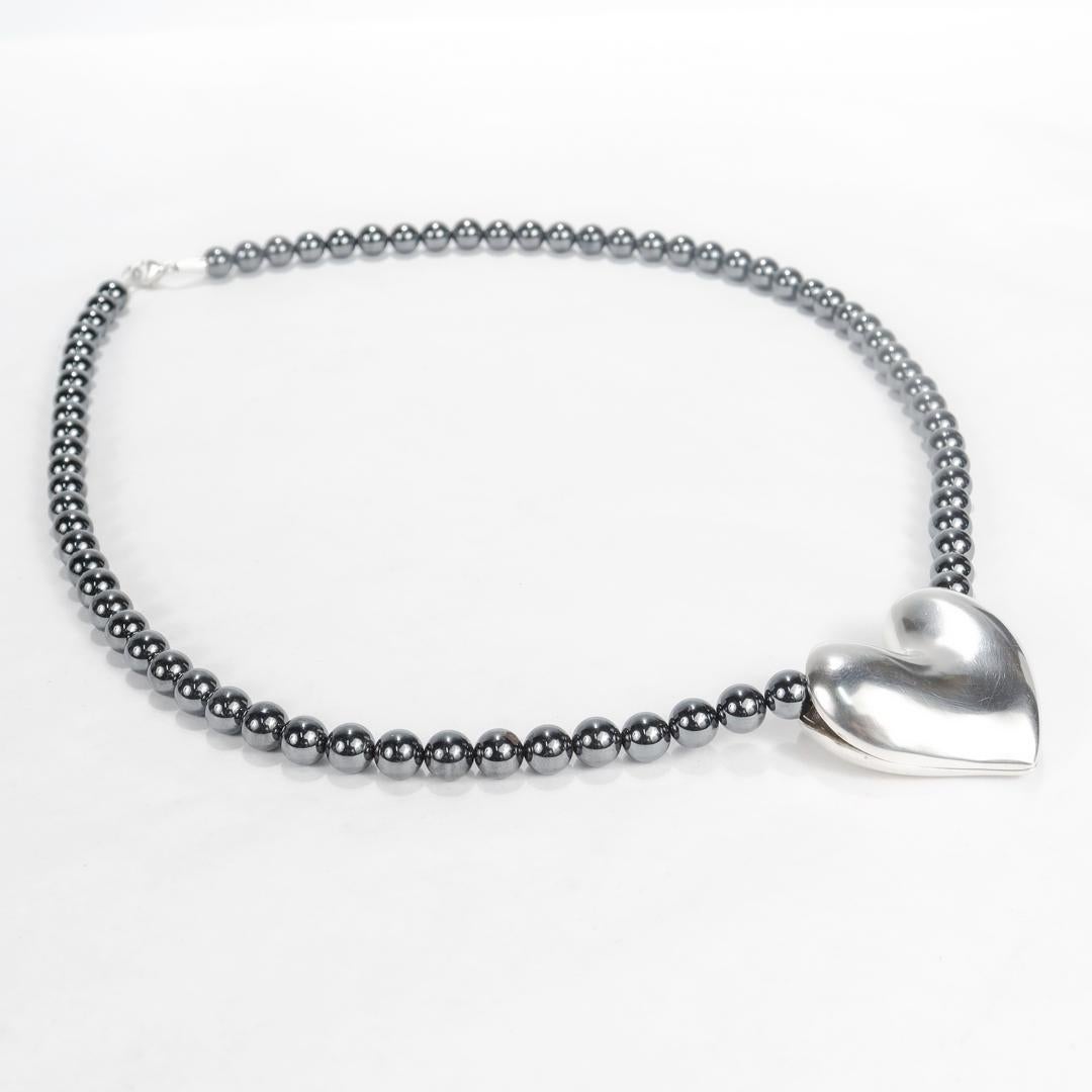 Modern Georg Jensen Sterling Silver Heart Pendant and Hematite Bead Necklace No. 247B