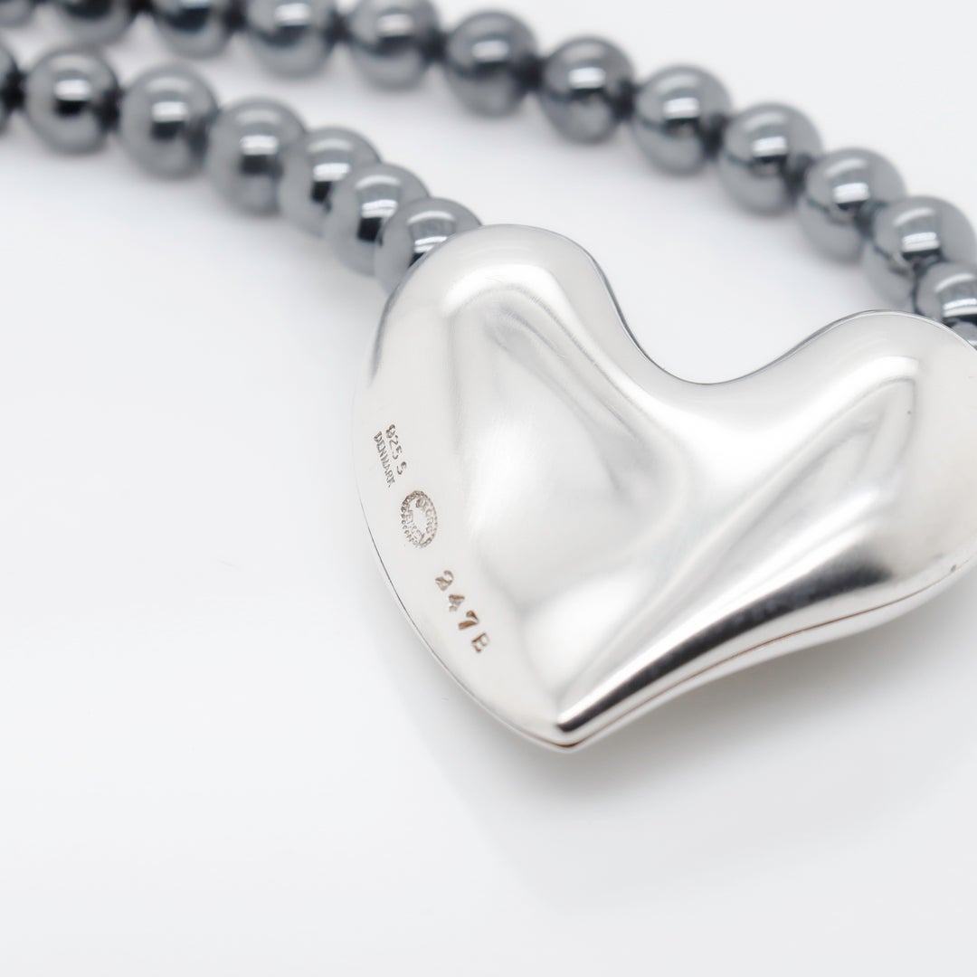 Georg Jensen Sterling Silver Heart Pendant and Hematite Bead Necklace No. 247B In Good Condition In Philadelphia, PA