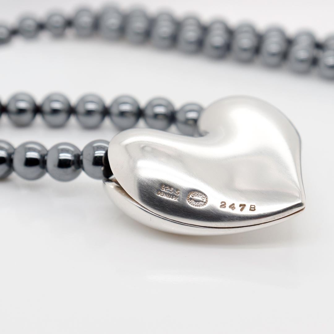 Women's Georg Jensen Sterling Silver Heart Pendant and Hematite Bead Necklace No. 247B