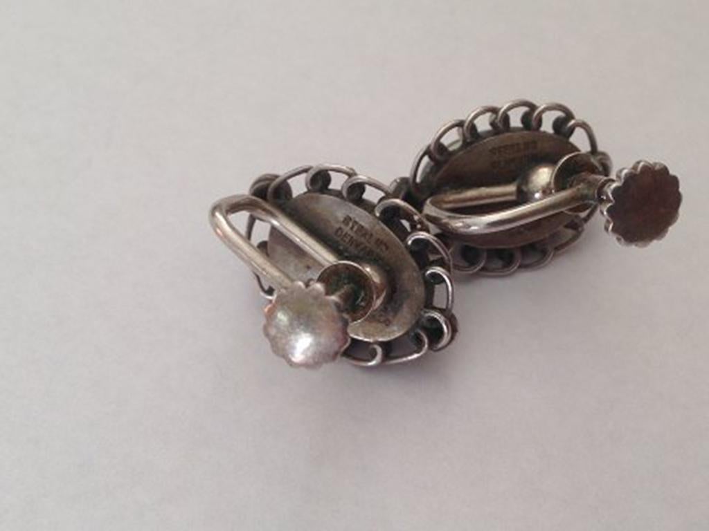 Women's or Men's Georg Jensen Sterling Silver Jewelry Set of Ring, Brooch and Earclips #21, #195 For Sale