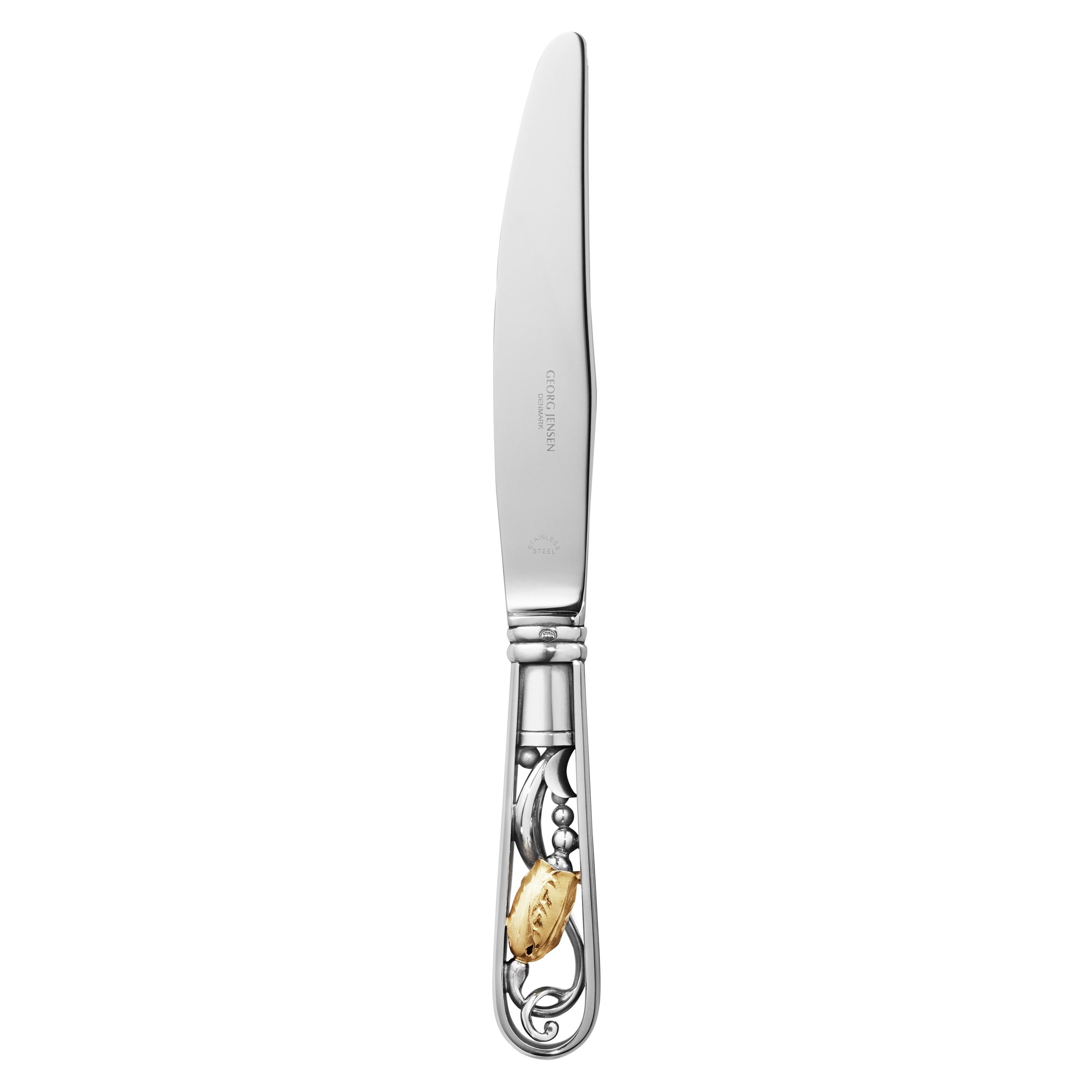 Grand couteau à dîner en argent sterling à fleurs d'or de Georg Jensen