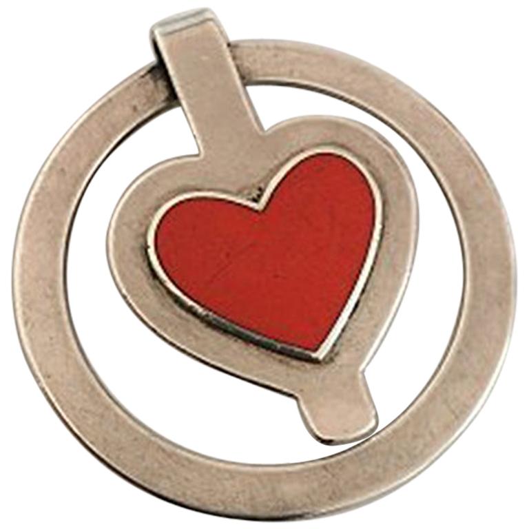 Georg Jensen Sterling Silver Money Clip No 390 with Red Heart Shaped Enamel For Sale