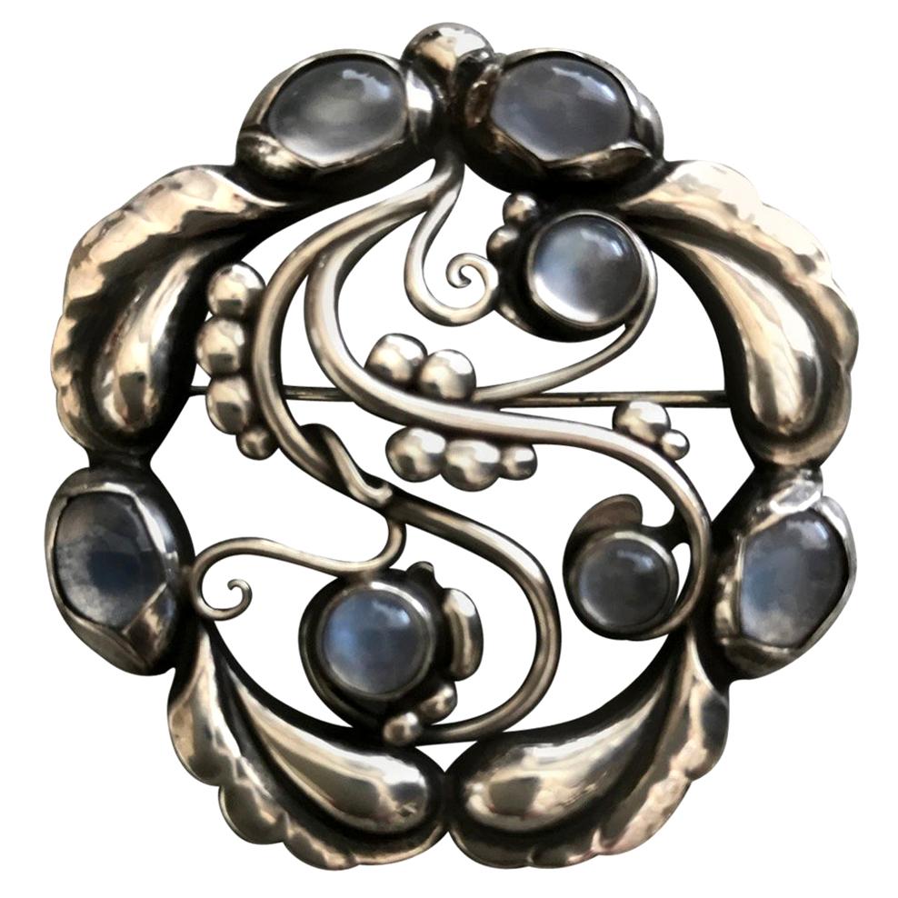 Georg Jensen Sterling Silver "Moonlight" Brooch No. 159 with Moonstones For Sale