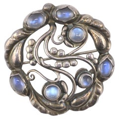 Georg Jensen Sterling Silver Moonstone Brooch • Art Nouveau Style • 17.39g