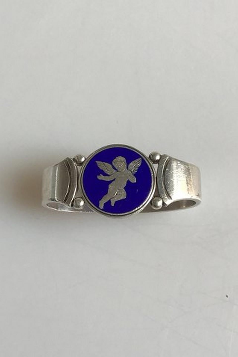 Art Deco Georg Jensen Sterling Silver Napkin Ring Little Angel on Blue Enamel For Sale