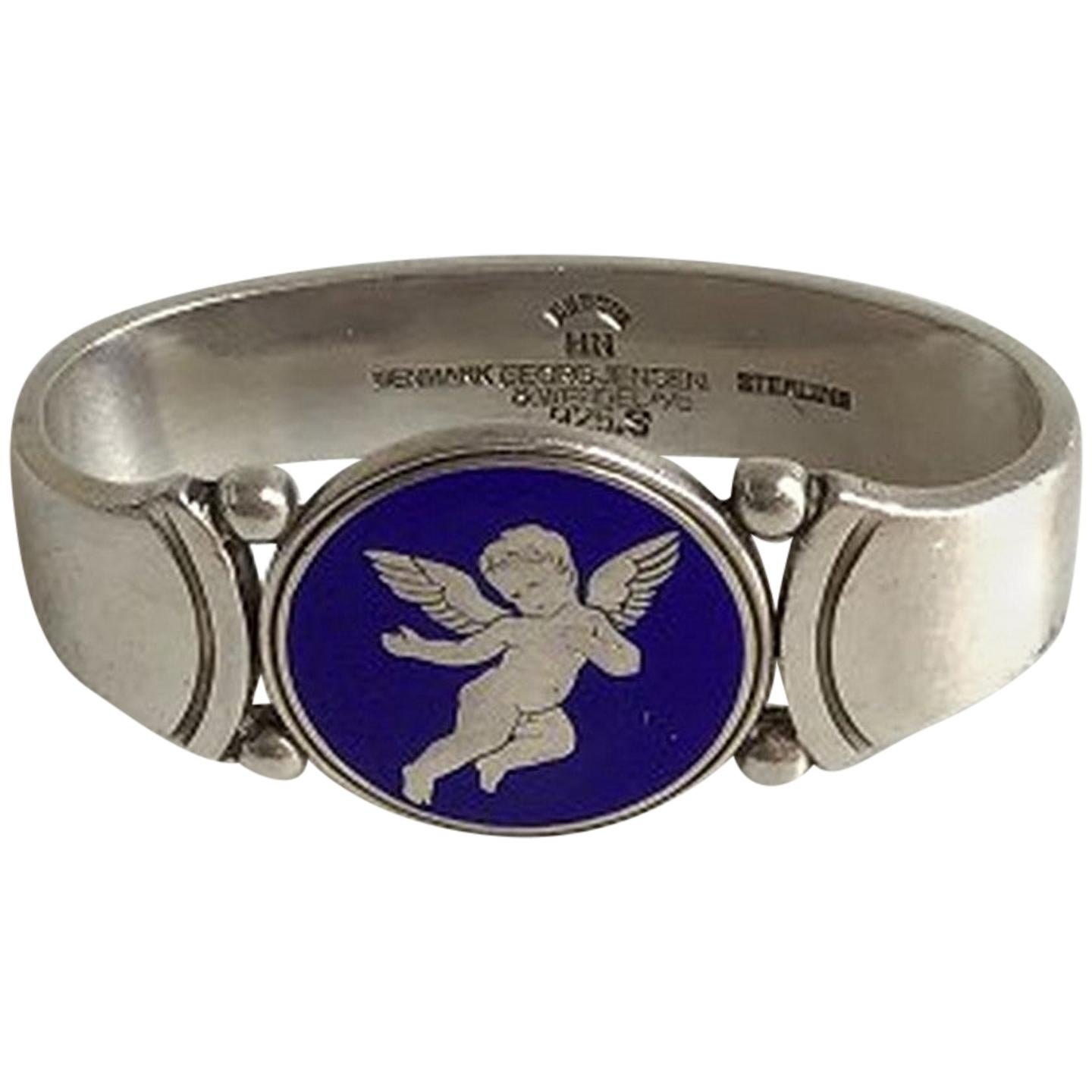 Georg Jensen Sterling Silver Napkin Ring Little Angel on Blue Enamel For Sale