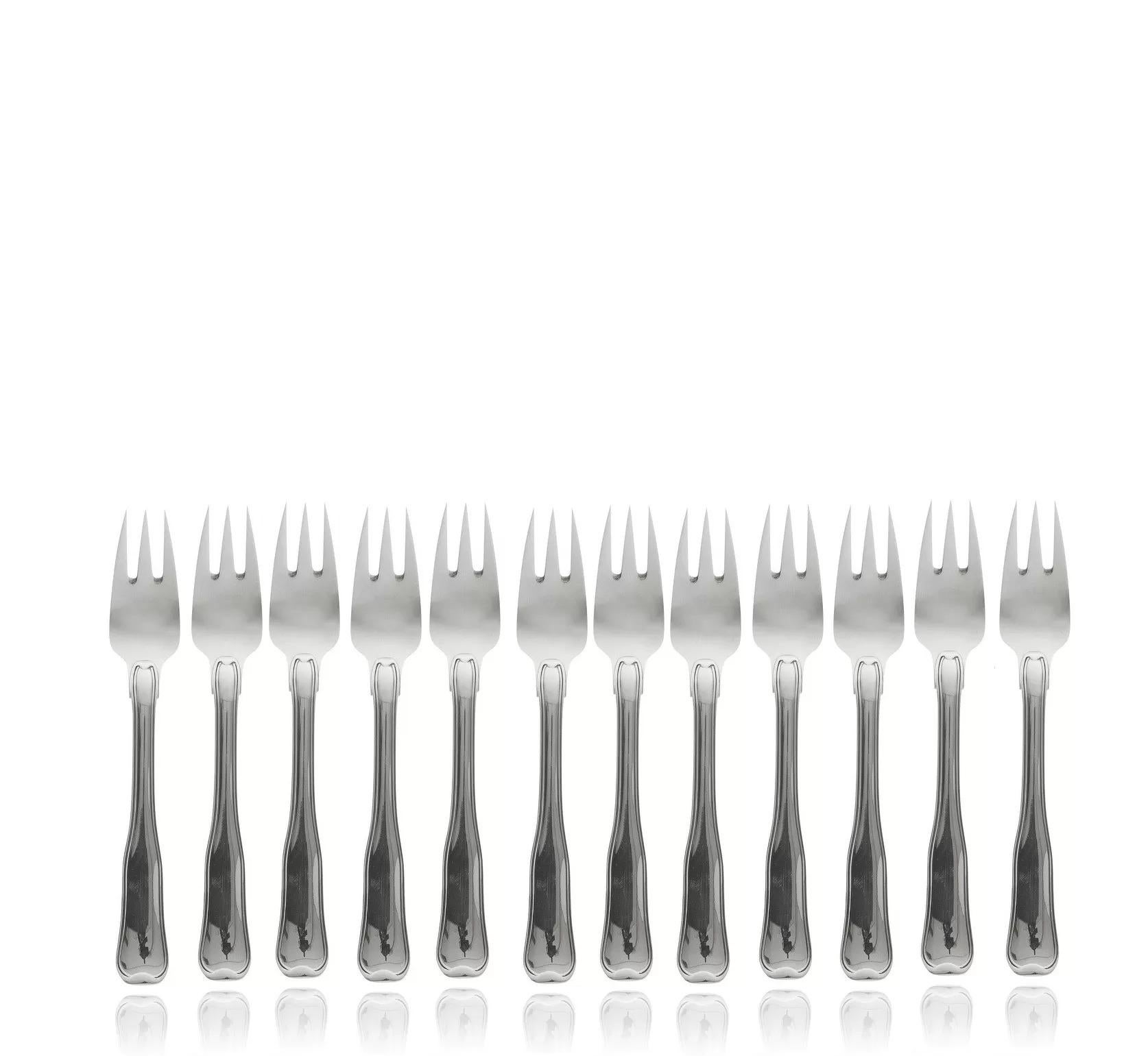 A complete sterling silver fish service for twelve in the Old Danish pattern, design #100 by Harald Nielsen, dating from 1947. This set includes 12 #061 fish forks and 12 #062 fish knives, all crafted in solid sterling silver, totaling 24