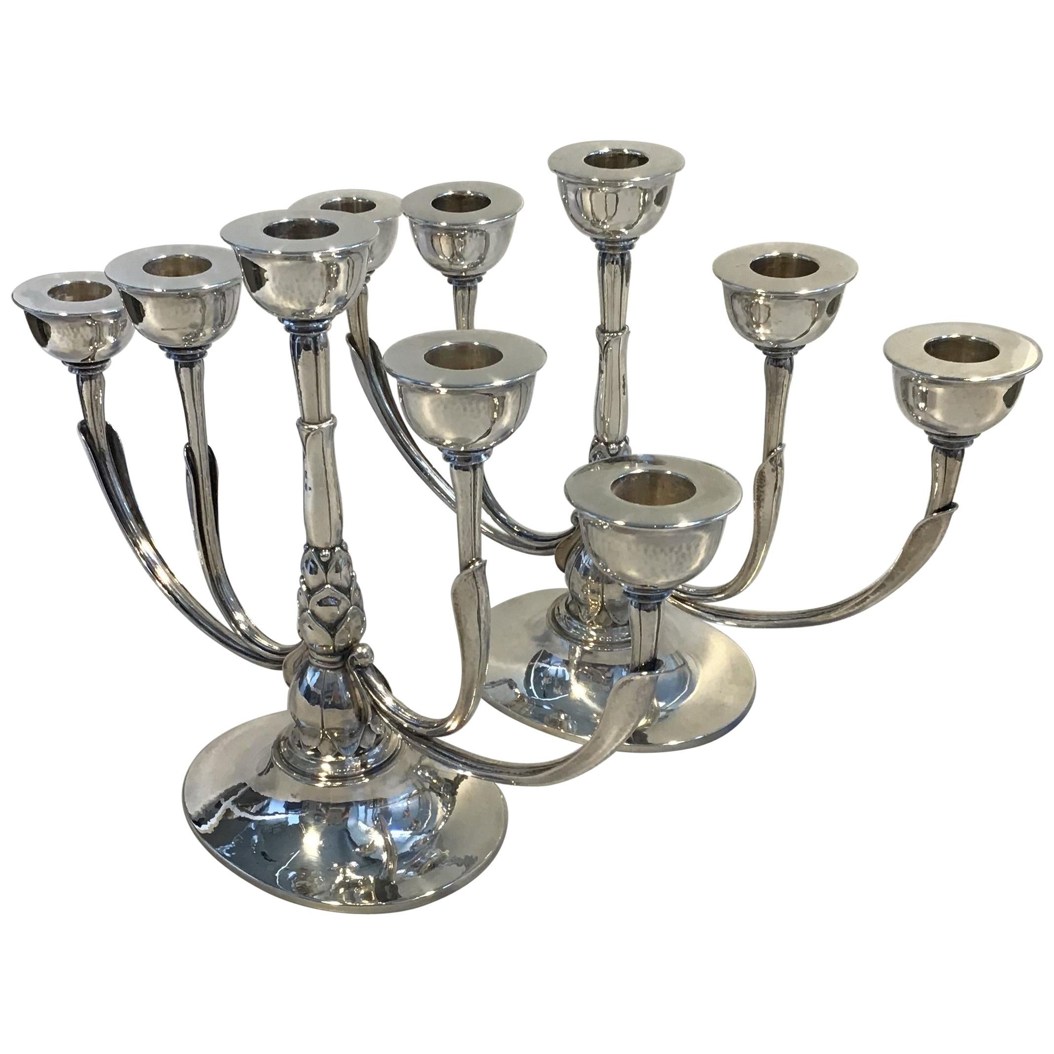 Georg Jensen Sterling Silver Pair of five-branch Candelabra No 537A(2) For Sale
