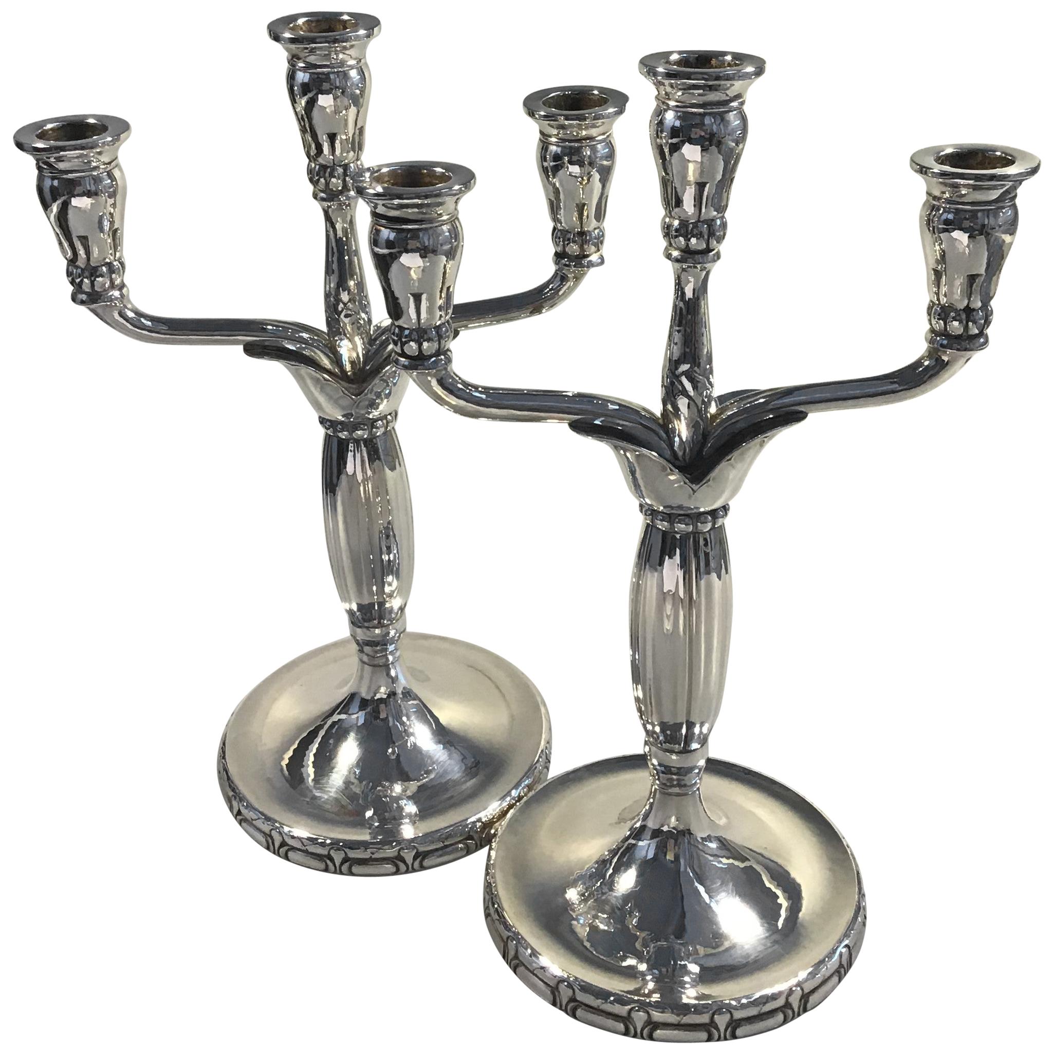 Georg Jensen Sterling Silver Pair of three light candelabra, No 161 For Sale