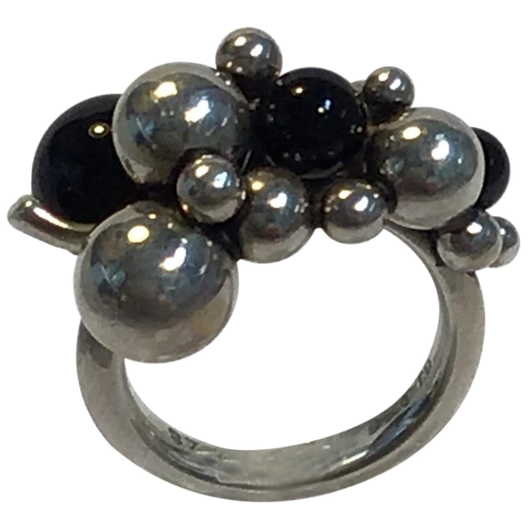 Georg Jensen Sterling Silver Ring Moonlight Grapes Onyx, Small For Sale